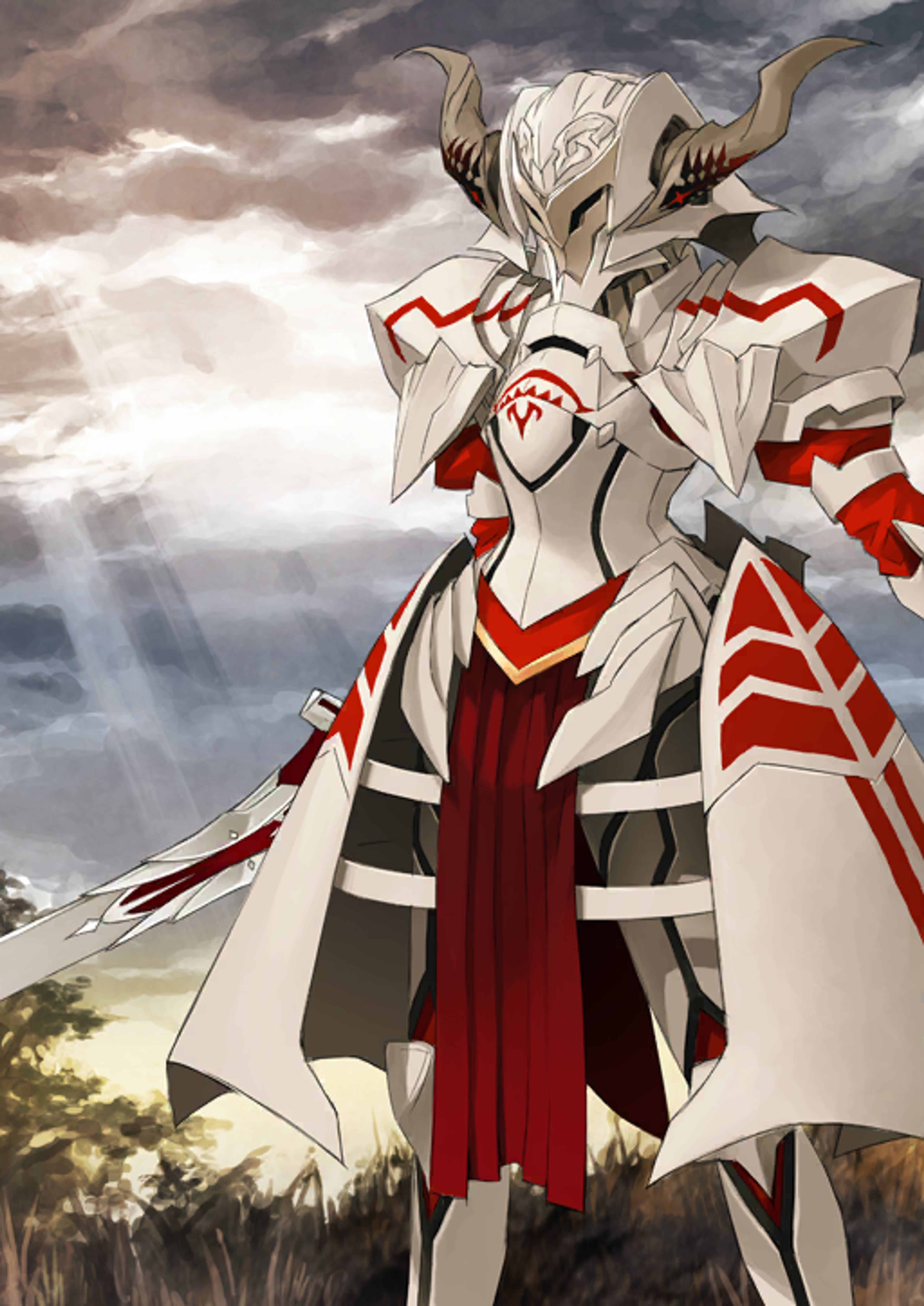 An anime-style character with white hair and a red and white costume, wielding a sword against a stormy sky.