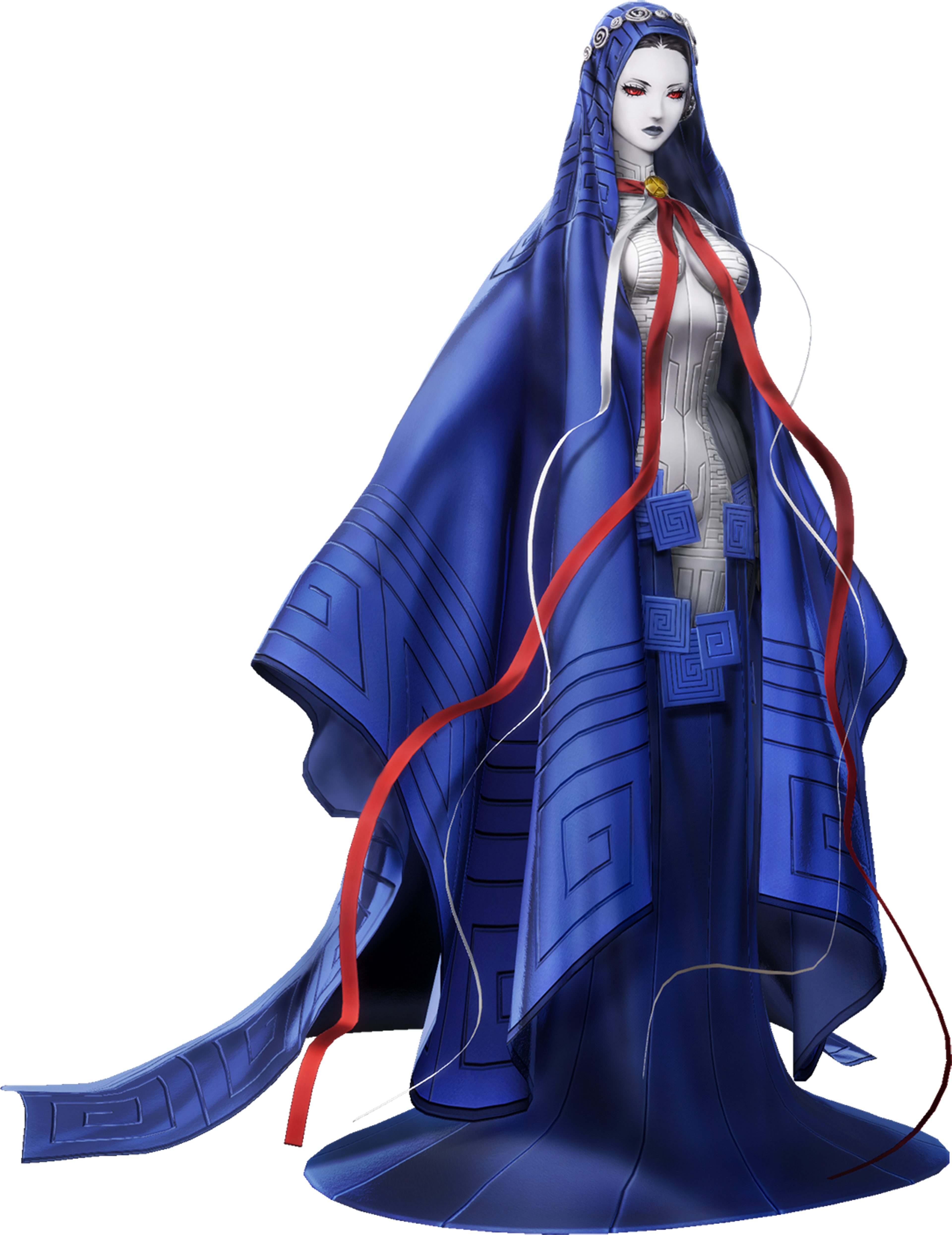 A mystical, blue-skinned female character in an elaborate costume