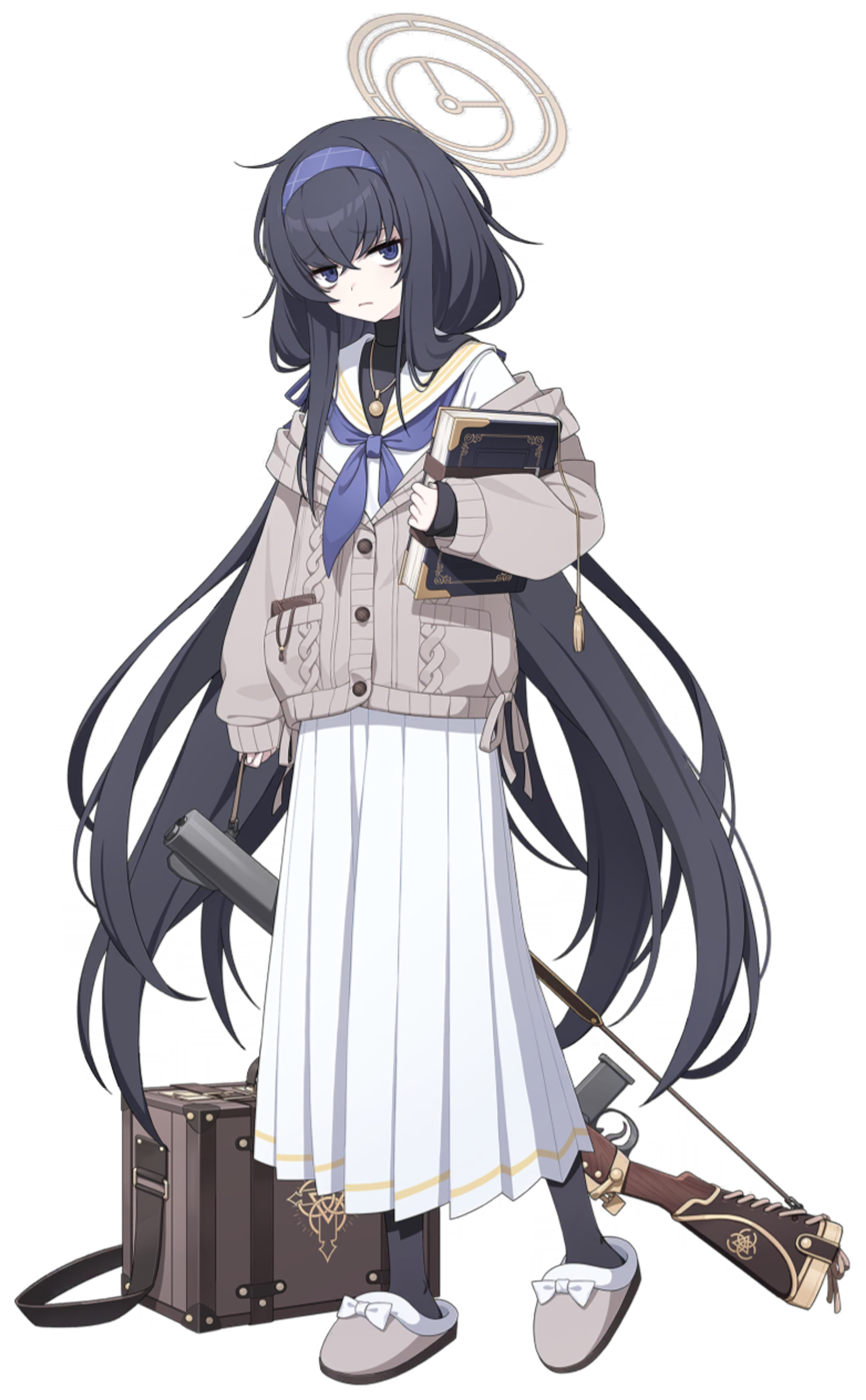 A young woman with dark gray hair and violet blue eyes, wearing a school uniform and standing in a library setting.