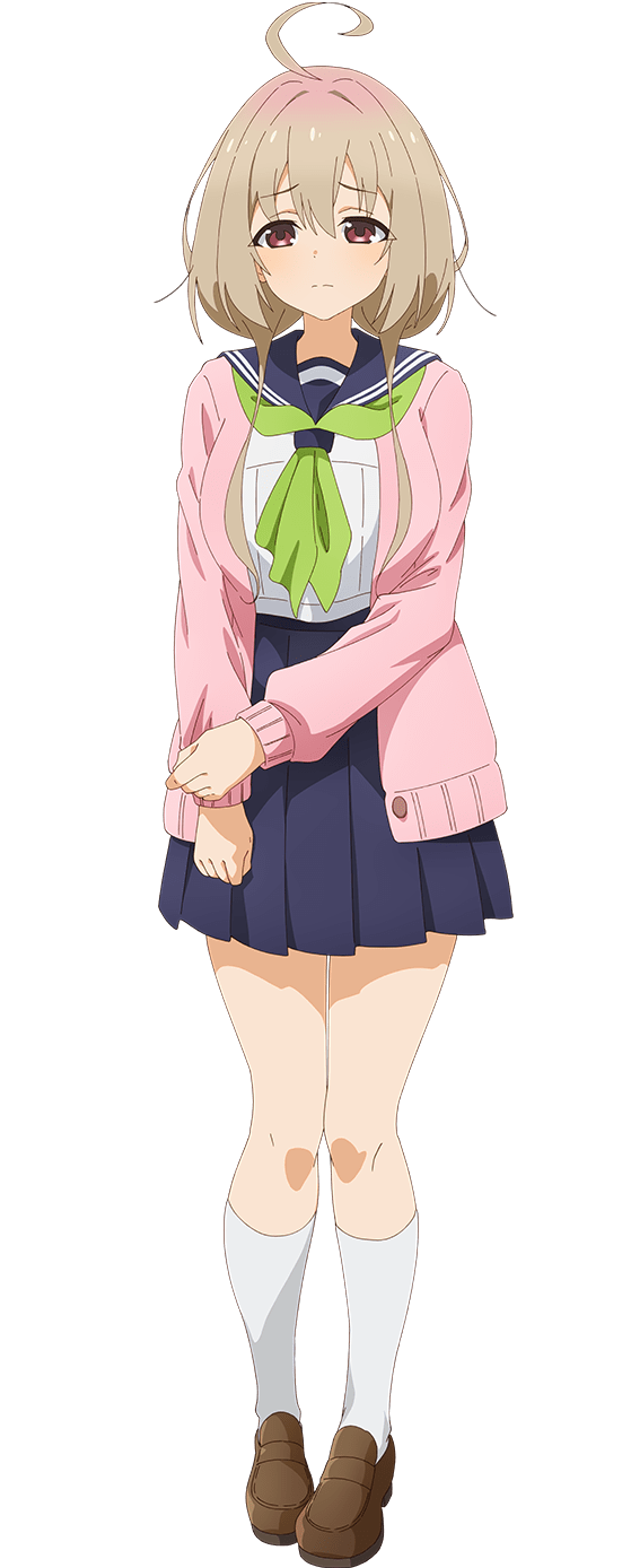 An anime-style character with a neat, pale-almond colored bob-cut hairstyle and a shy, anxious expression, wearing a light-pink cardigan, navy-blue pleated skirt, and other school uniform items.