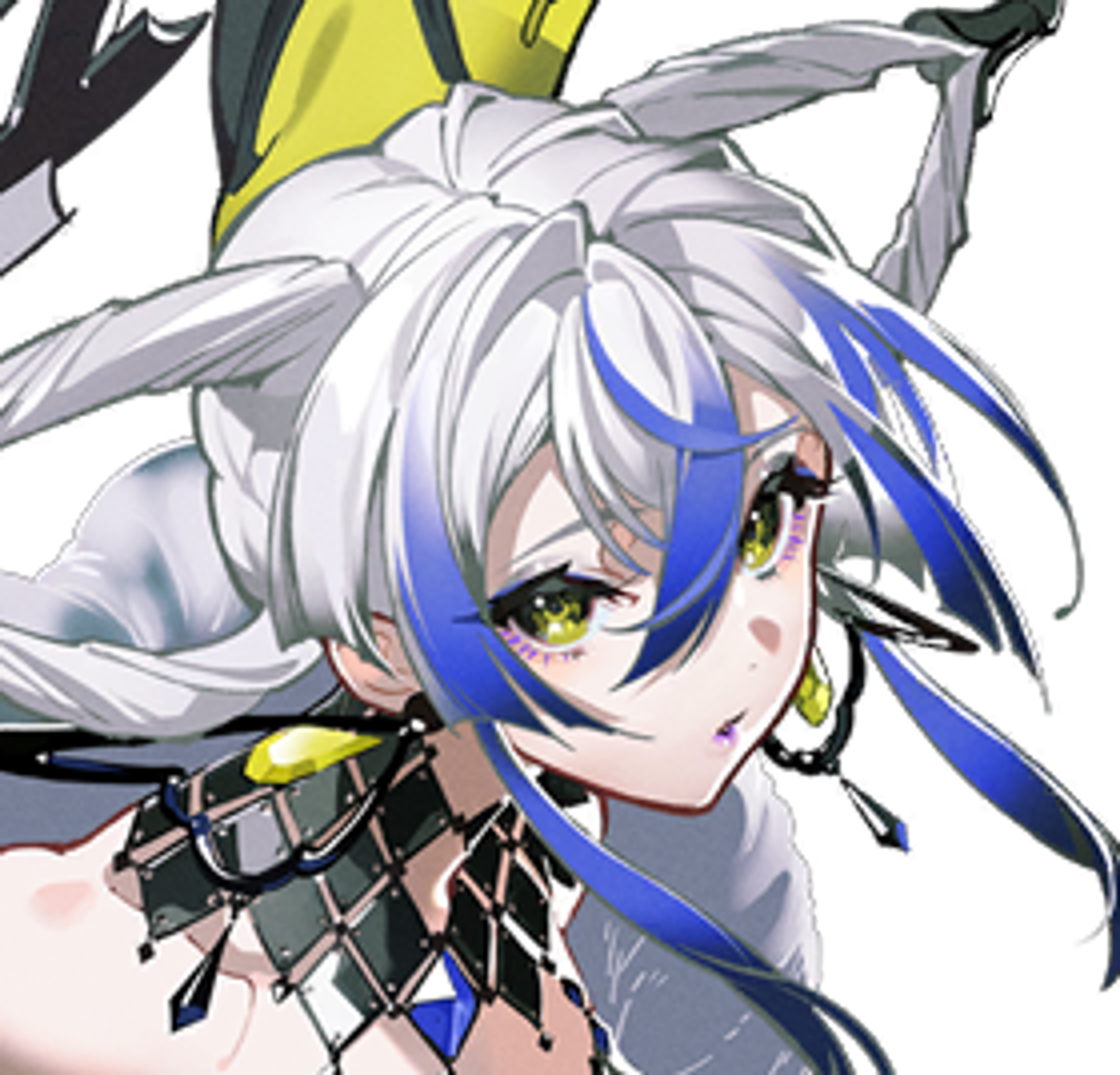 A detailed portrait of a woman with white and blue hair, wearing ornate jewelry and accessories.