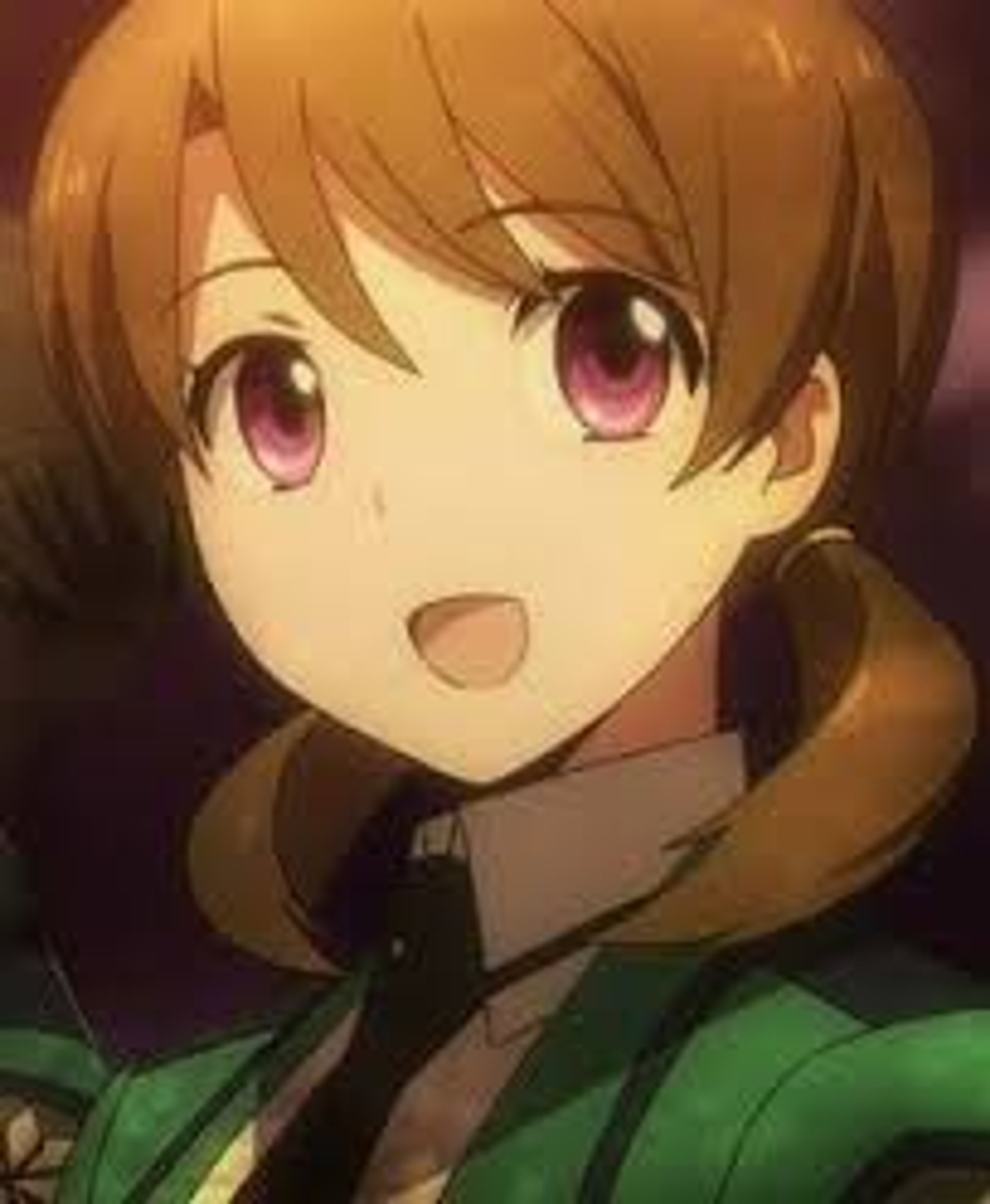 An anime-style character with blonde hair in pigtails, wearing a green jacket and smiling.