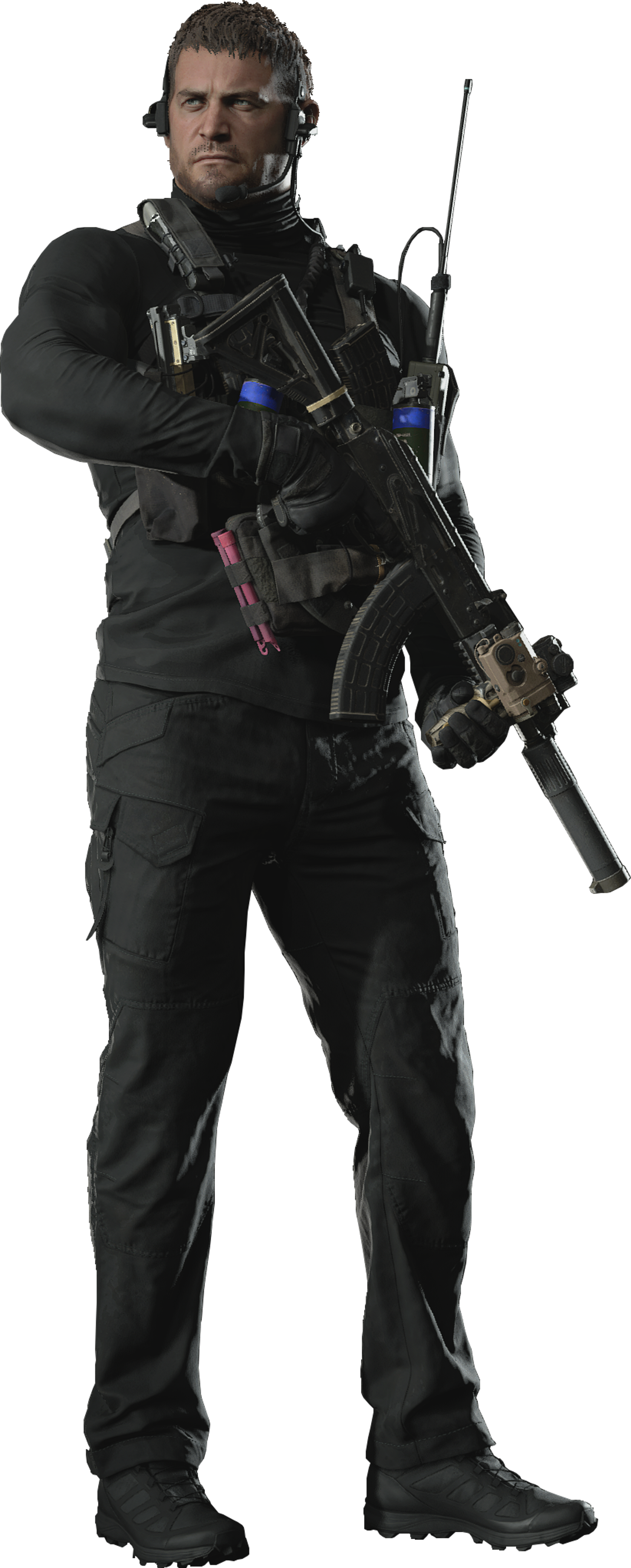 A man in a tactical uniform holding an assault rifle