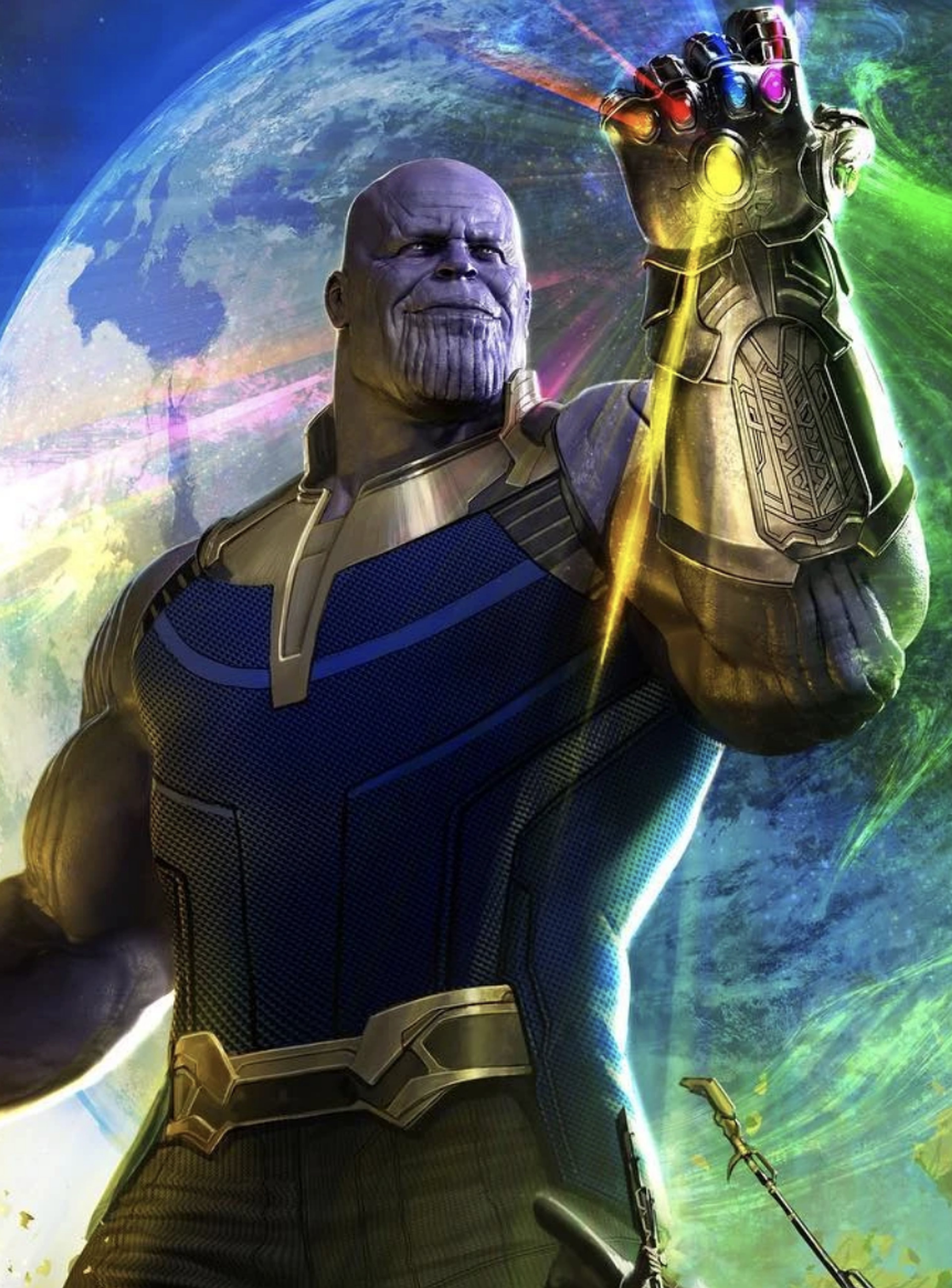 Thanos, the powerful alien warlord from the Marvel Cinematic Universe, wearing his blue and gold armor and wielding the Infinity Gauntlet.