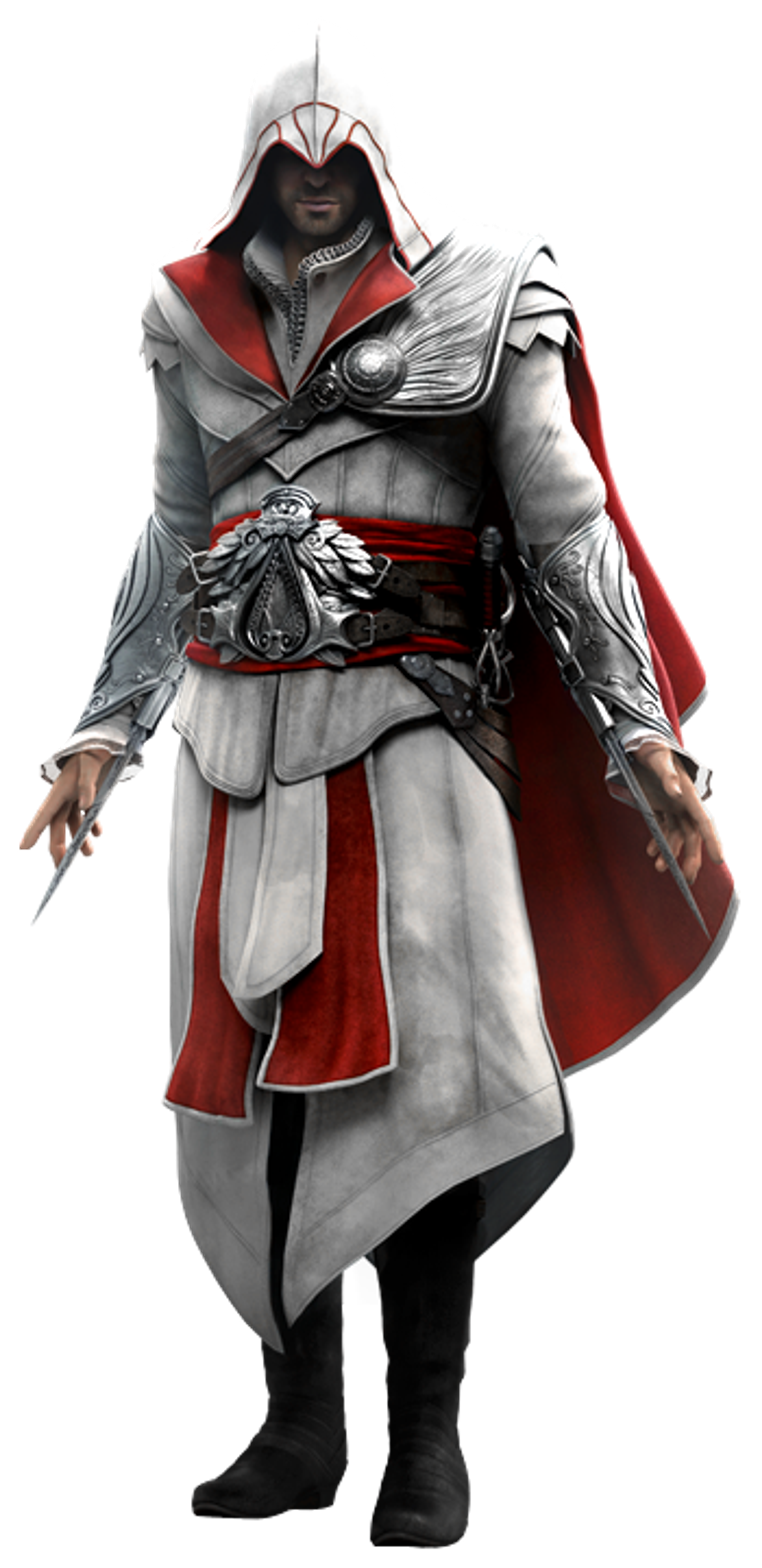 A man in a white hooded robe with red accents, standing with a serious expression.