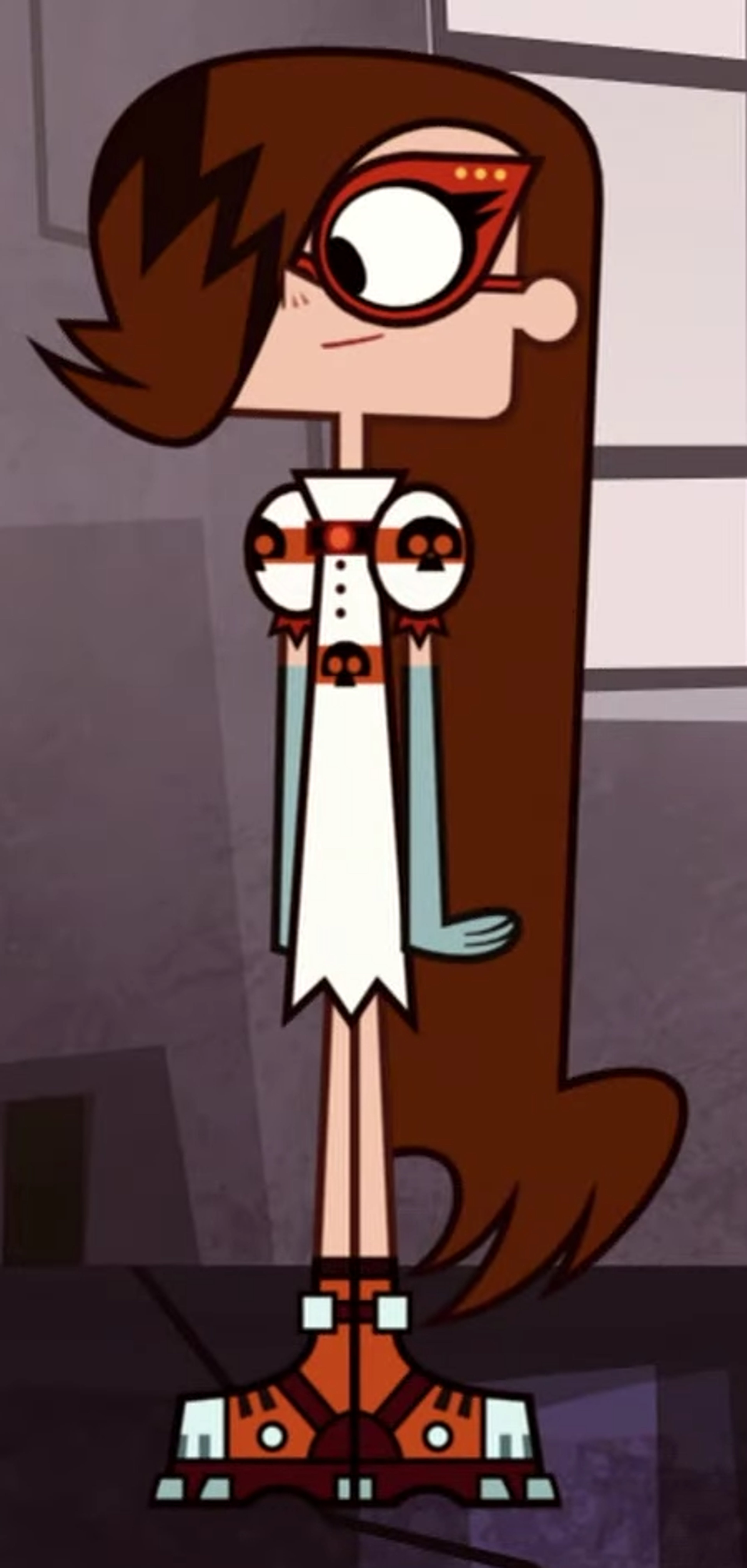 A cartoon character with a tall, lanky build and a distinctive hairstyle, wearing a white outfit with red accents.