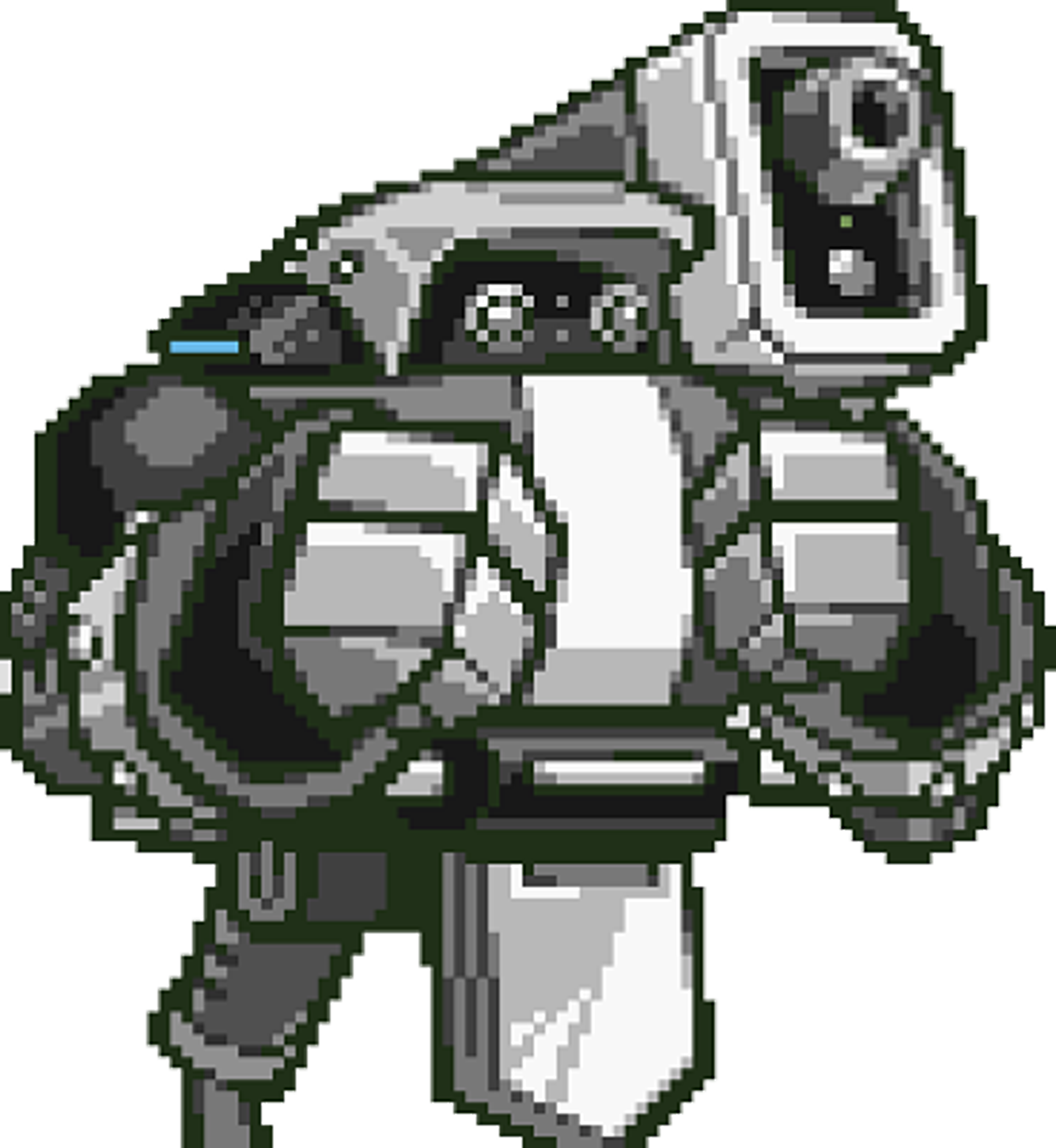 A detailed pixel-art image of a grayscale security robot with a light blue strip on its back.