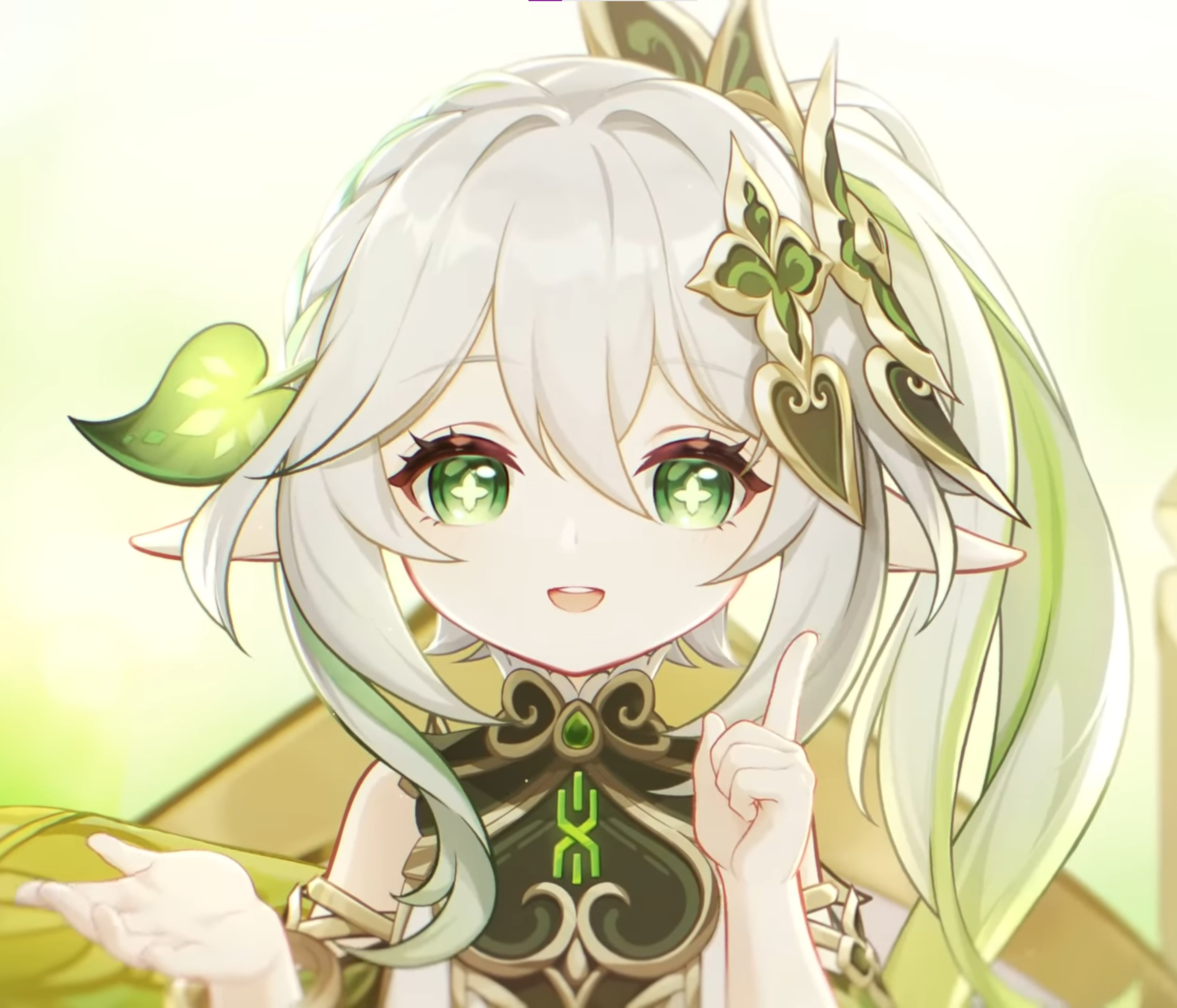 An anime-style character with long white hair and a green and gold outfit, surrounded by a verdant environment.