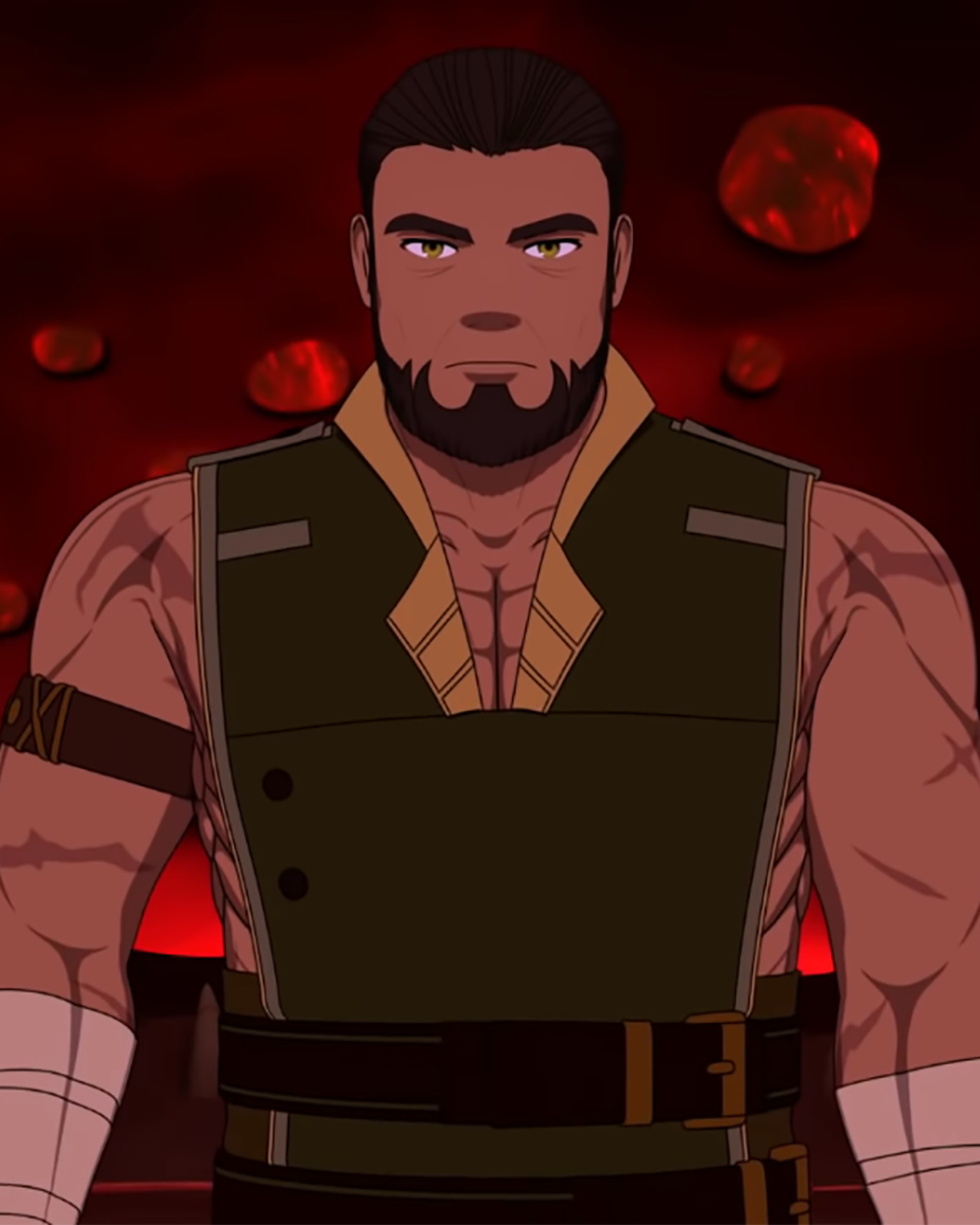 A large, muscular man with dark hair and a beard, wearing a green outfit and standing in a red-tinted environment.
