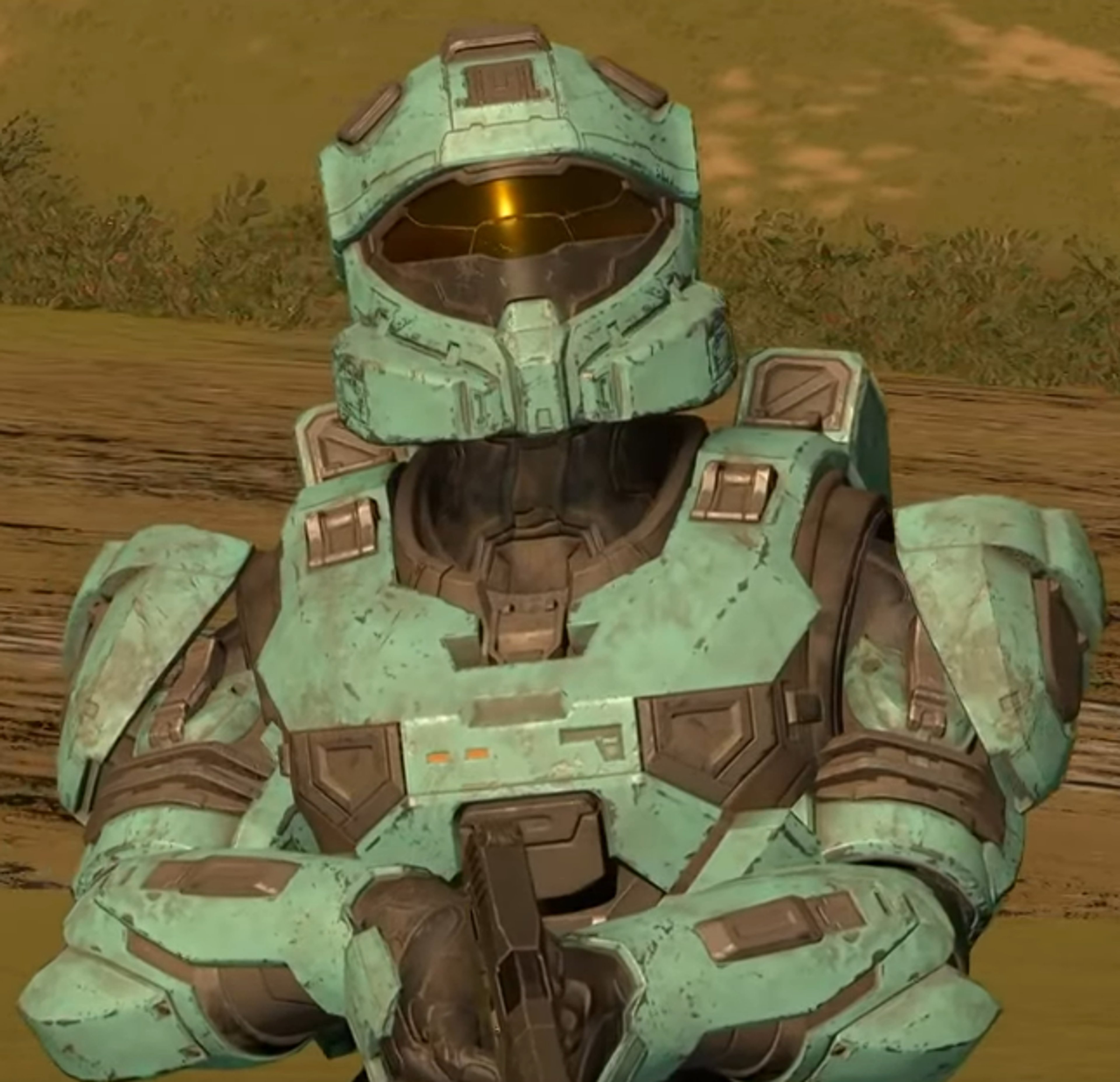 A heavily armored, green-colored robotic character with a distinctive helmet design.