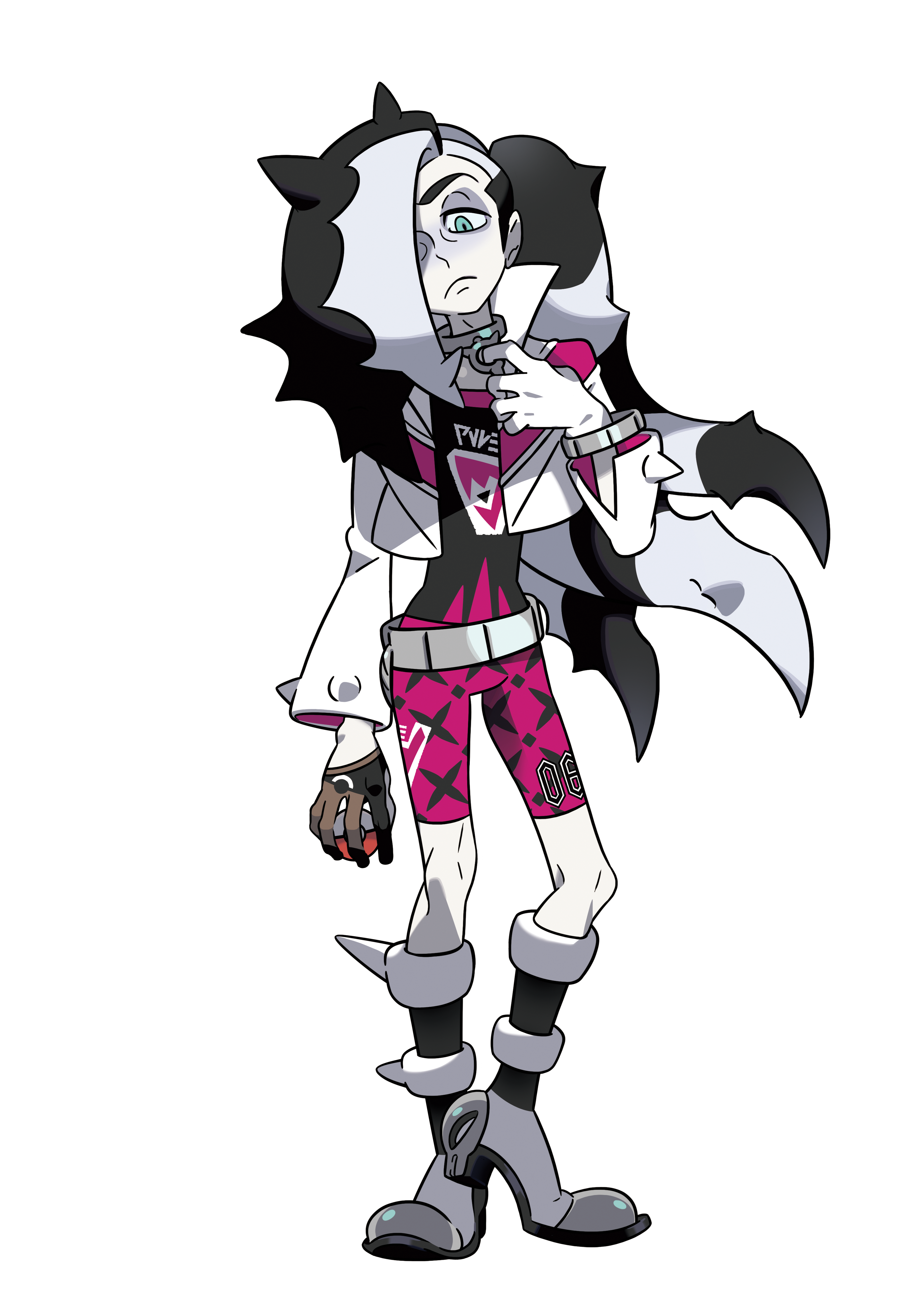 A young man with spiky black and white hair, wearing a black and magenta jumpsuit with a white jacket.