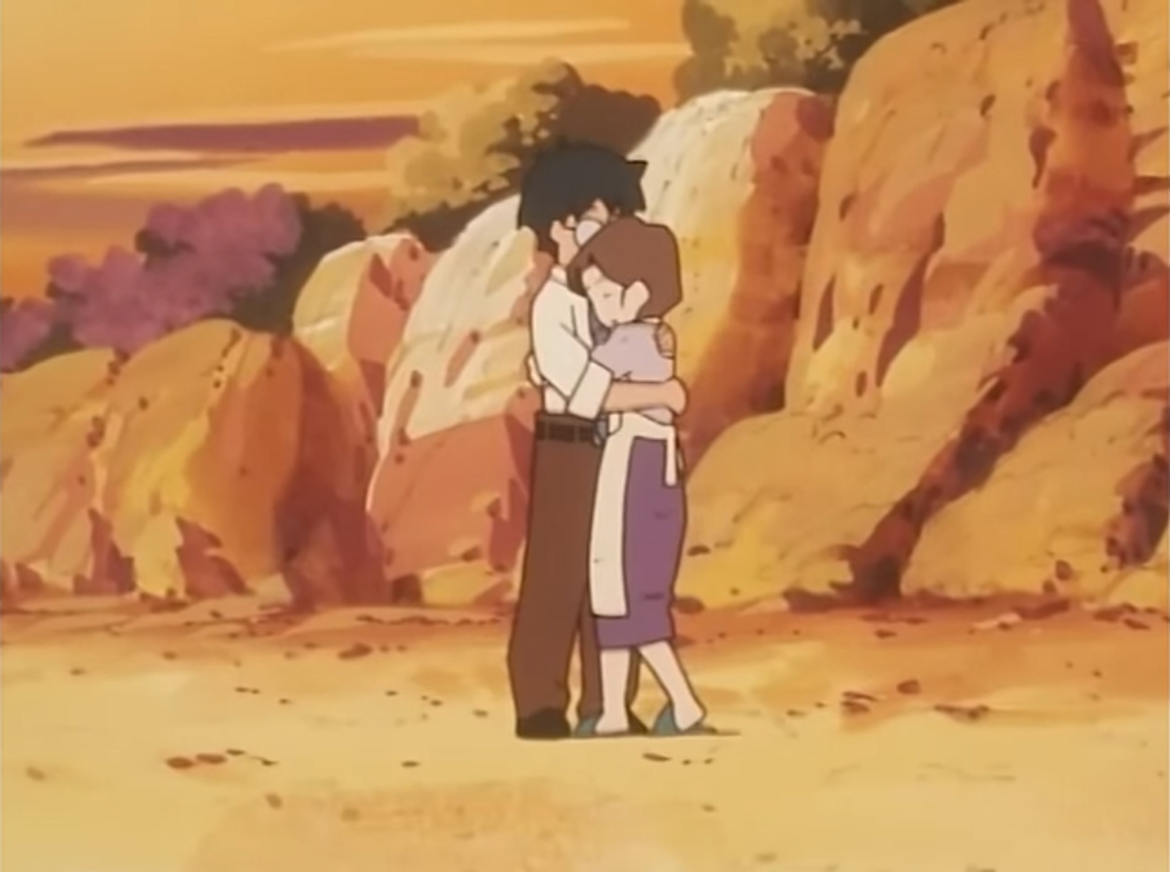 An anime-style illustration of a Japanese housewife embracing her son in a rural landscape.