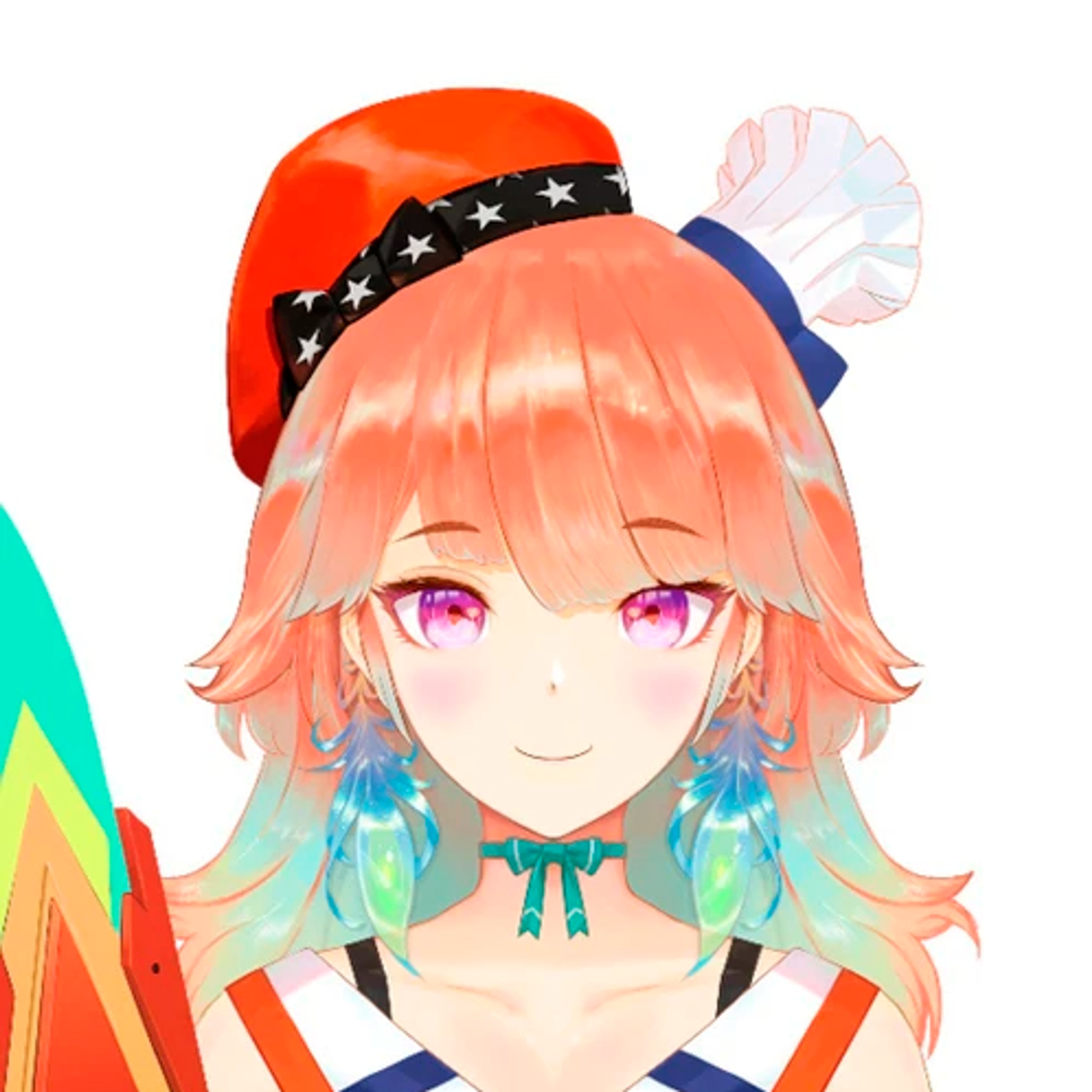 An anime-style character with orange hair, pink eyes, and a cheerful expression wearing a red hat and colorful outfit