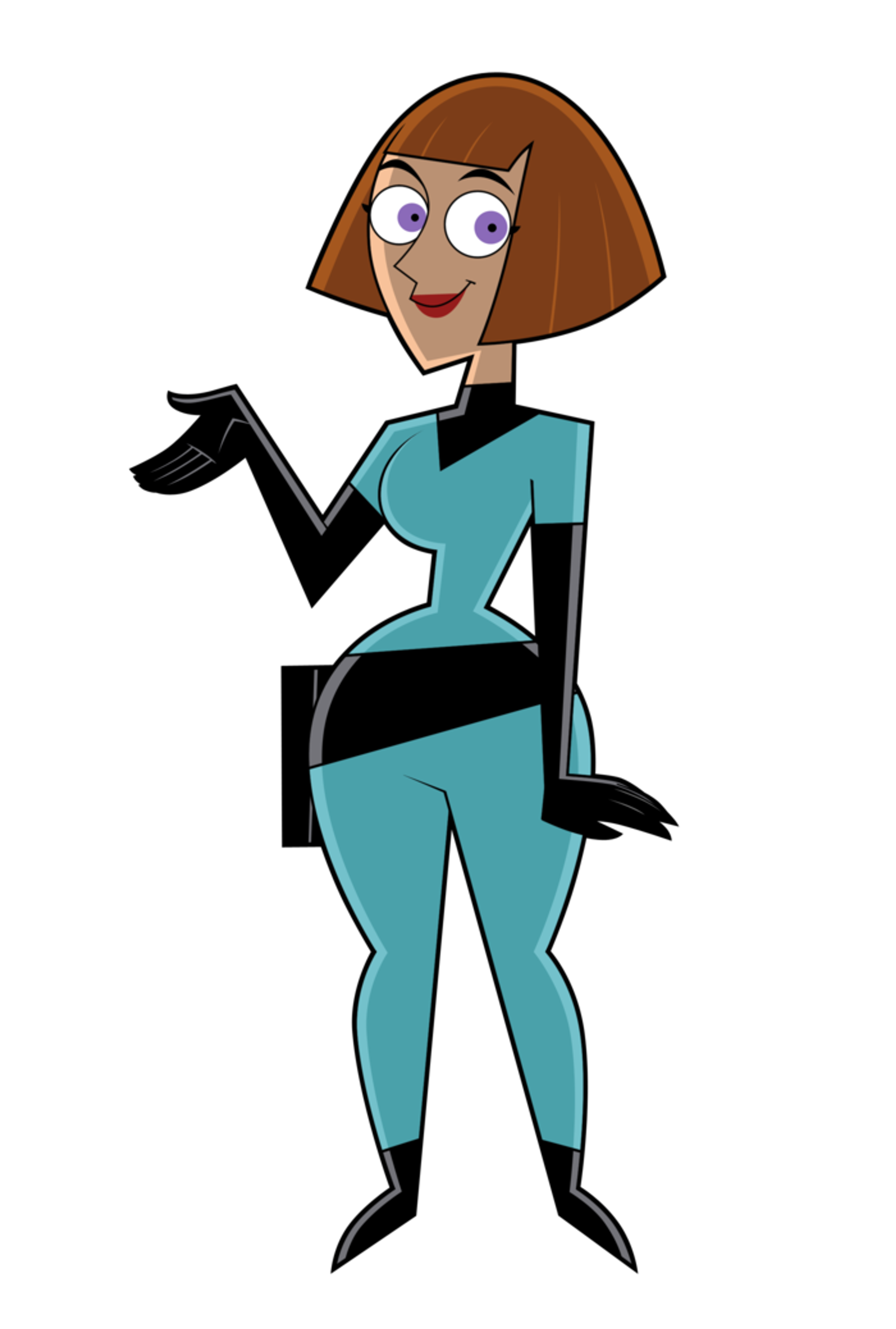 An animated female character in a blue jumpsuit, with brown hair in a ponytail, in a combat-ready stance.