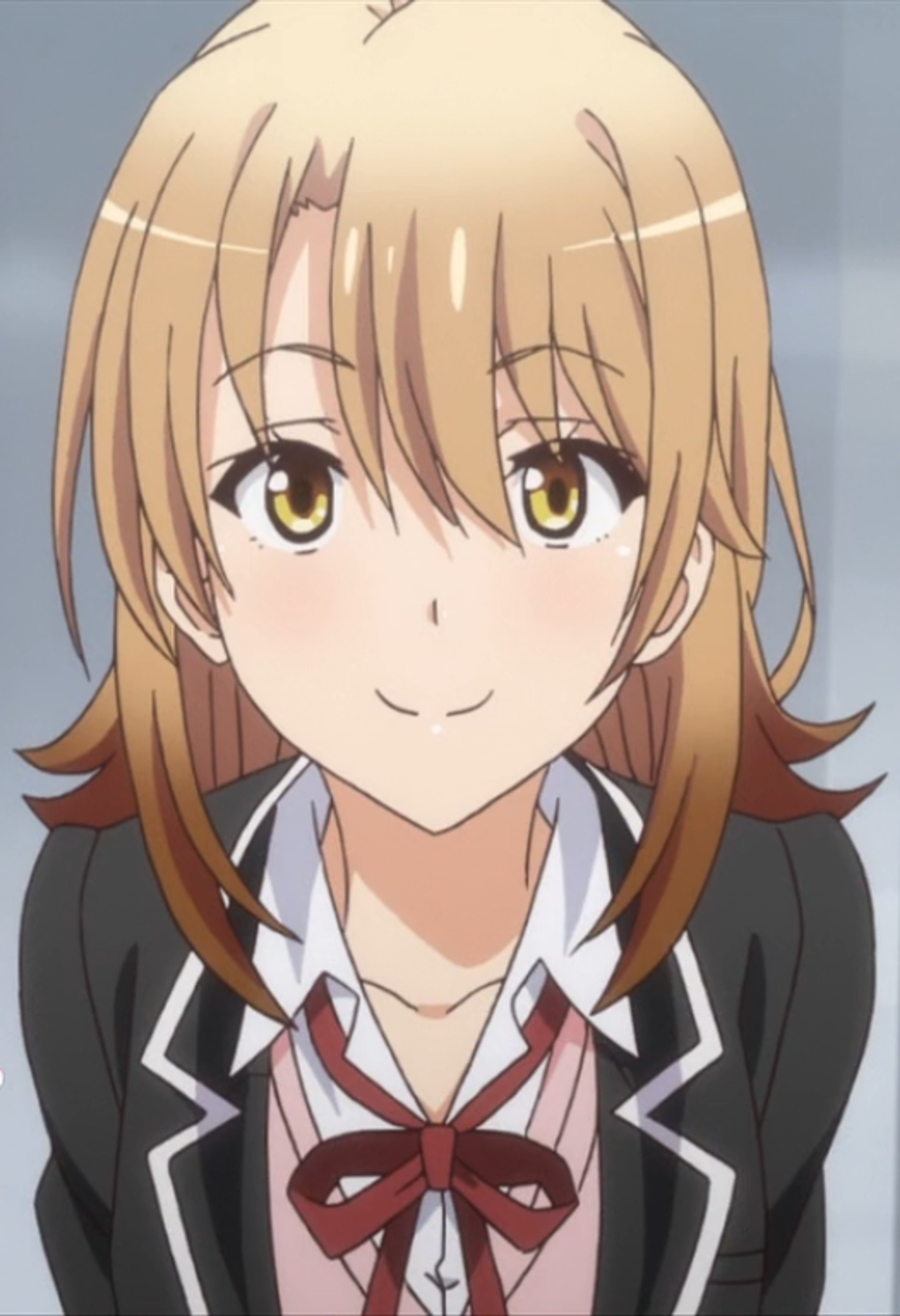 An anime-style character with long blonde hair wearing a black school uniform with a red bow tie