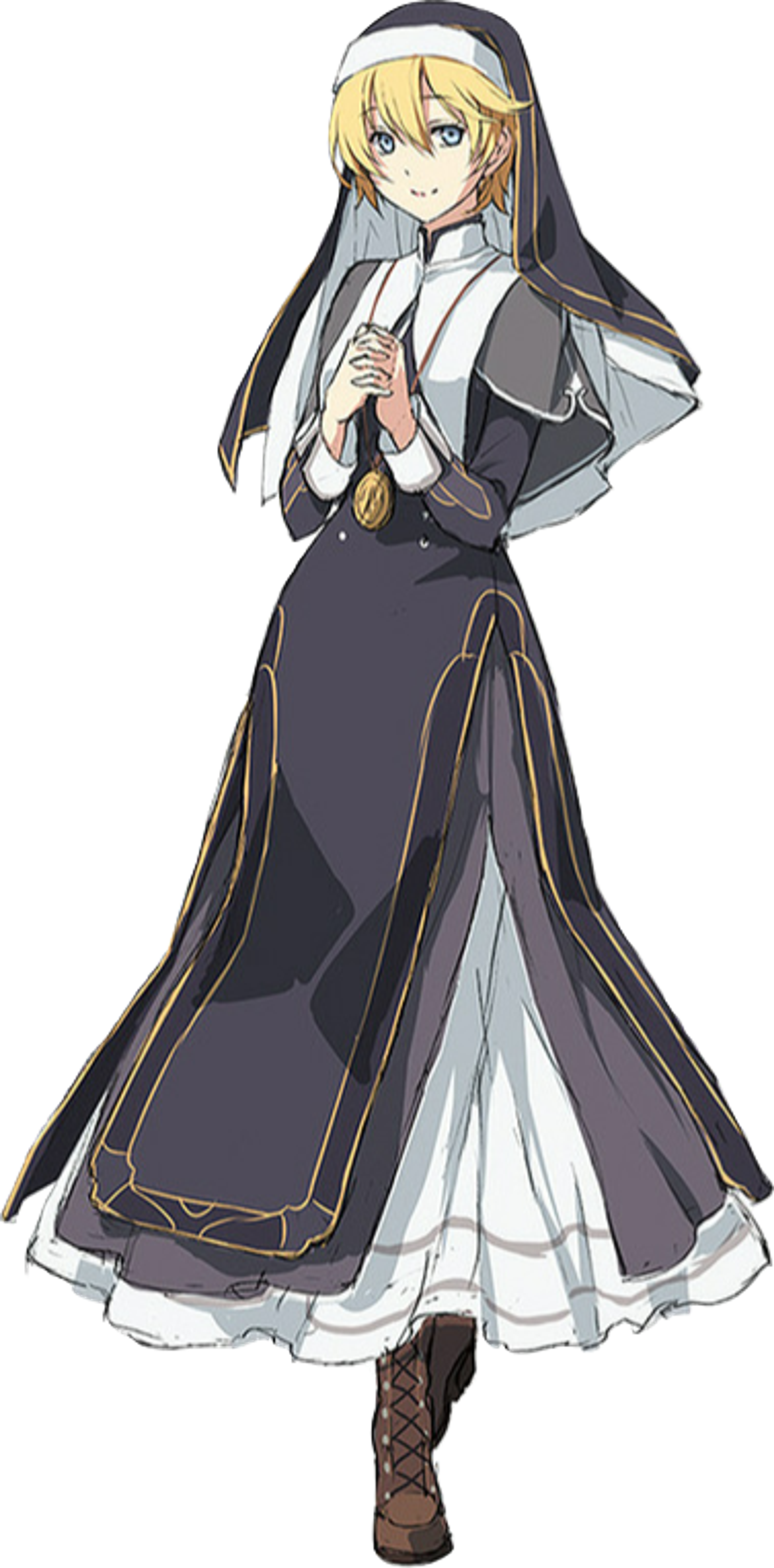 A young woman in a gray hooded robe and white dress, with a gentle expression on her face.
