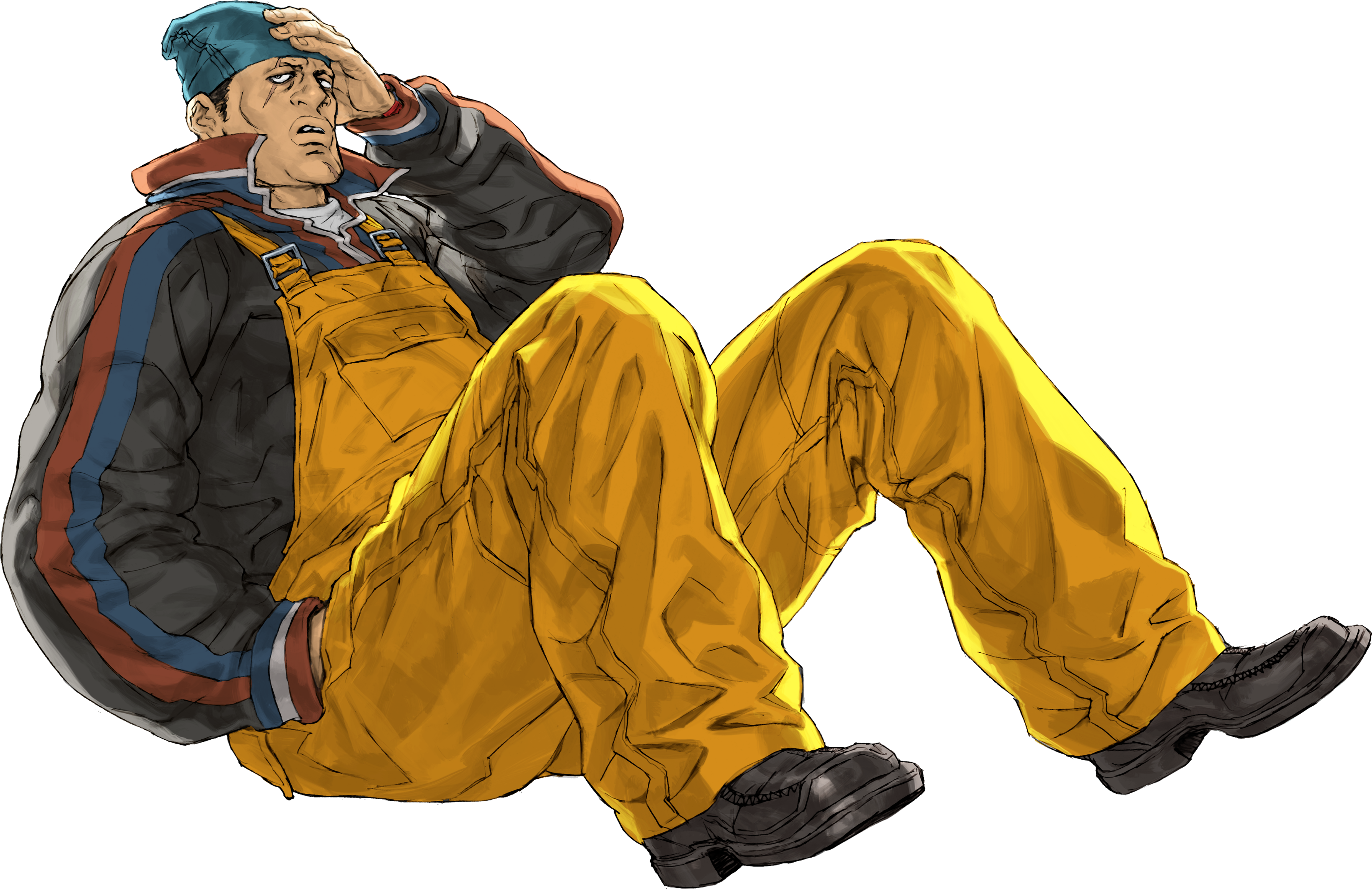 A man with a stern expression wearing a yellow rain jacket and pants, sitting on the ground.