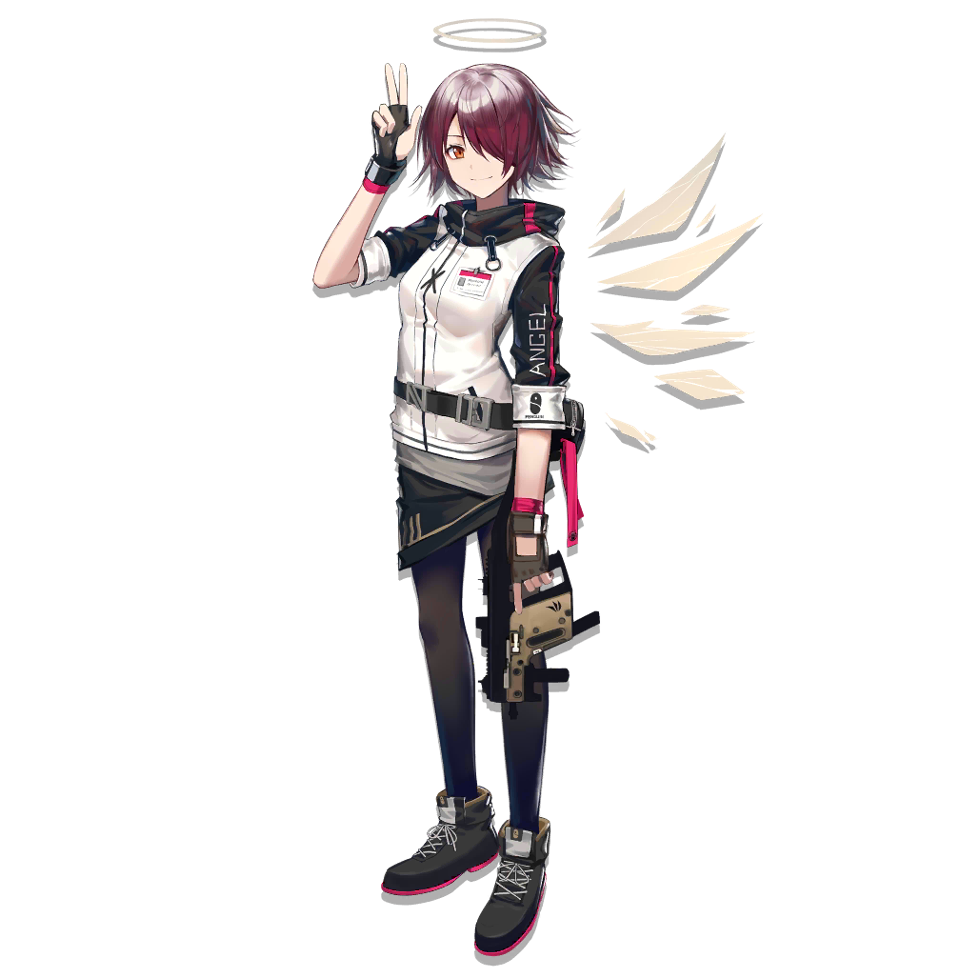 A young woman with red hair and white wings holding multiple firearms
