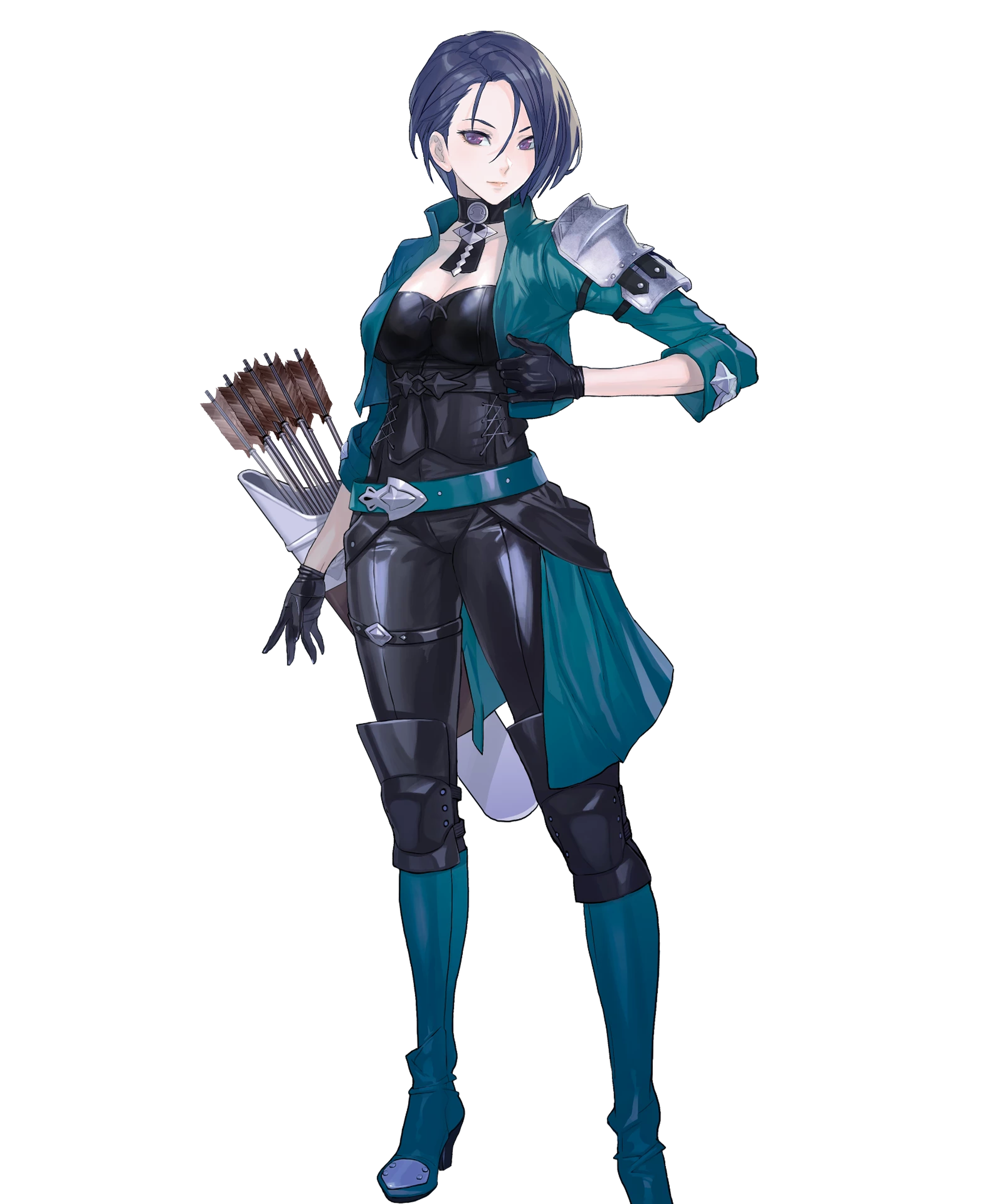 A female character in a green and black outfit holding a bow and arrow