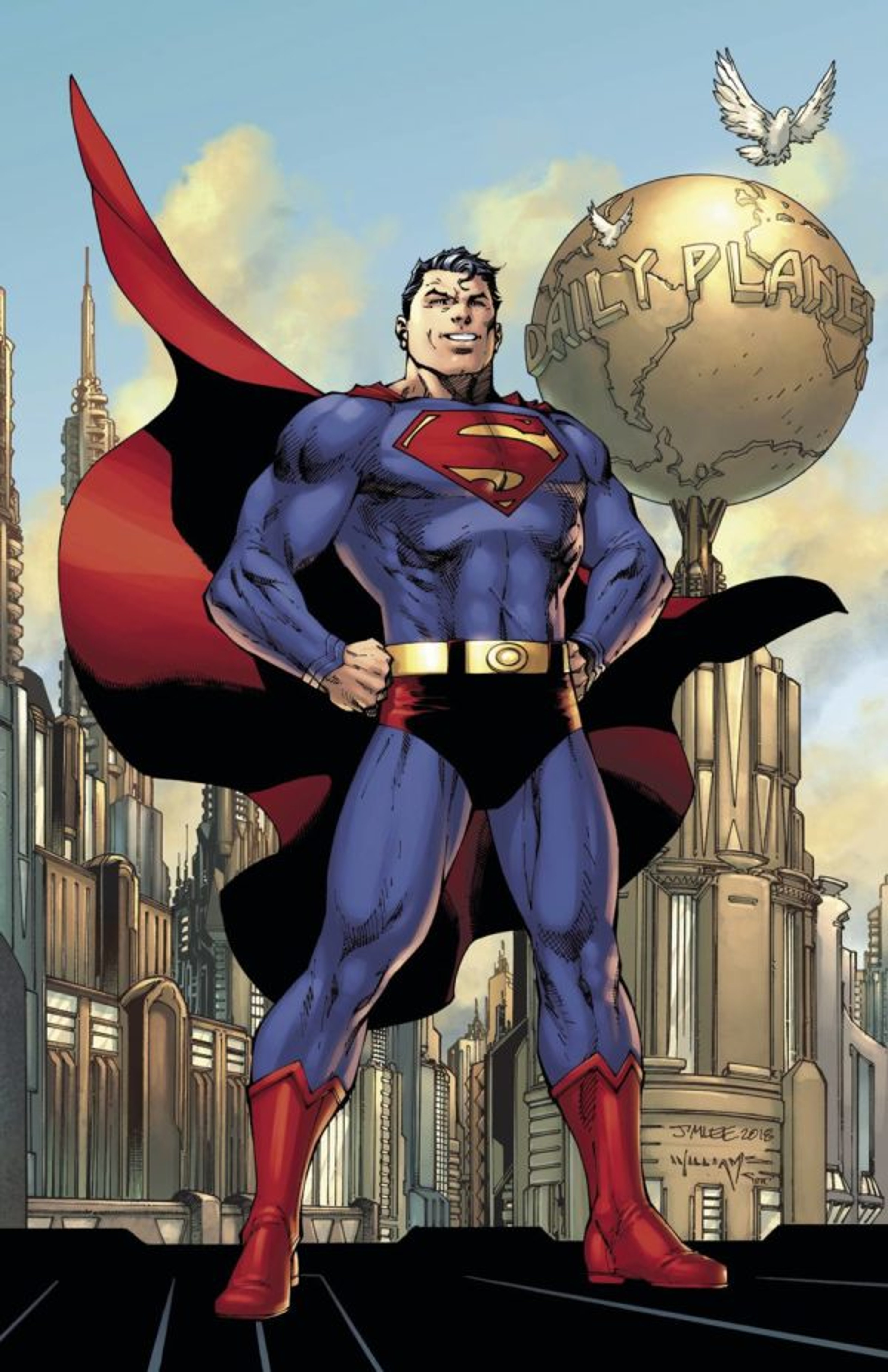 Superman, the iconic superhero, standing tall in his classic costume and holding a globe.