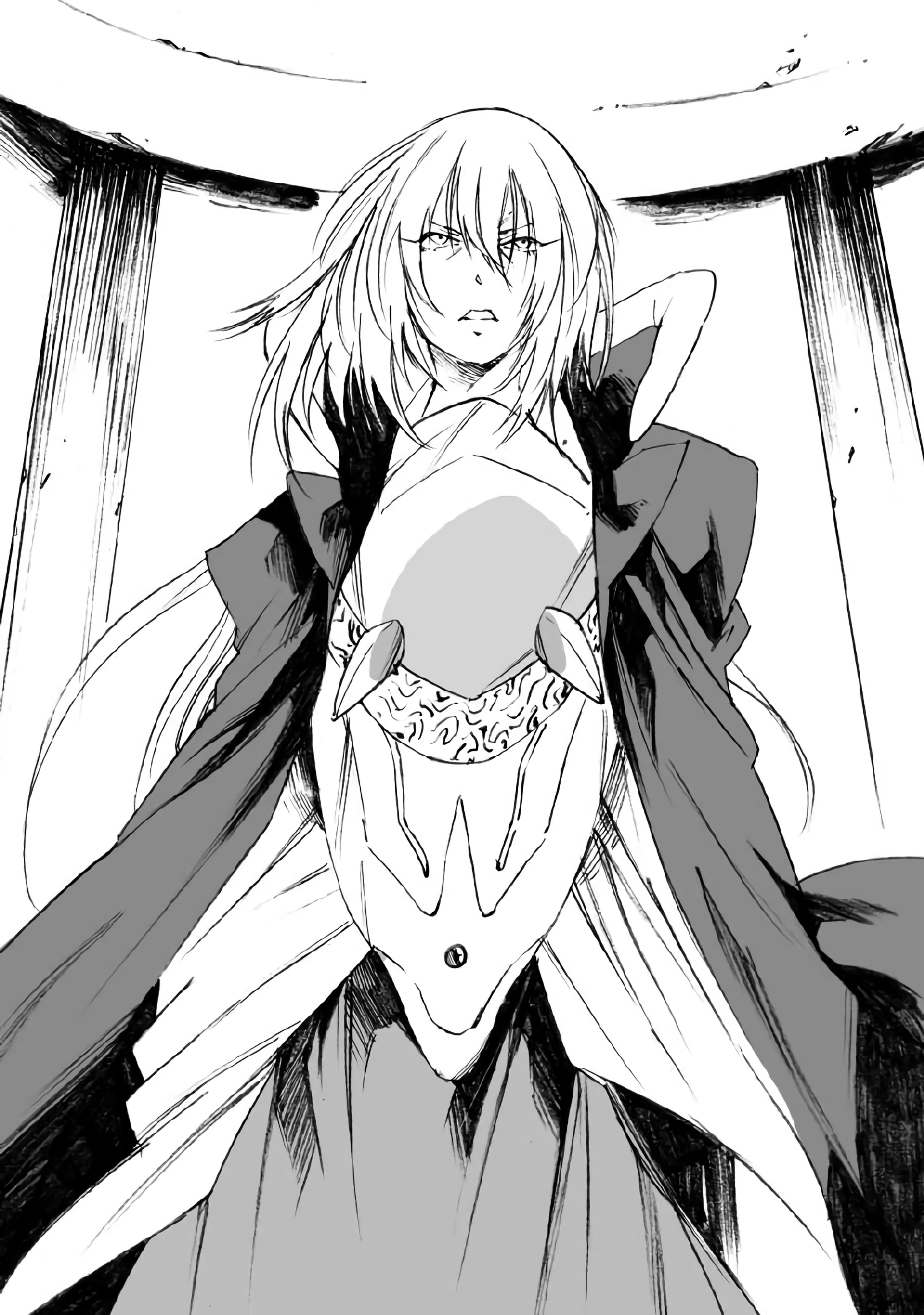 A character with platinum blonde hair and blue eyes wearing a dark hooded cloak