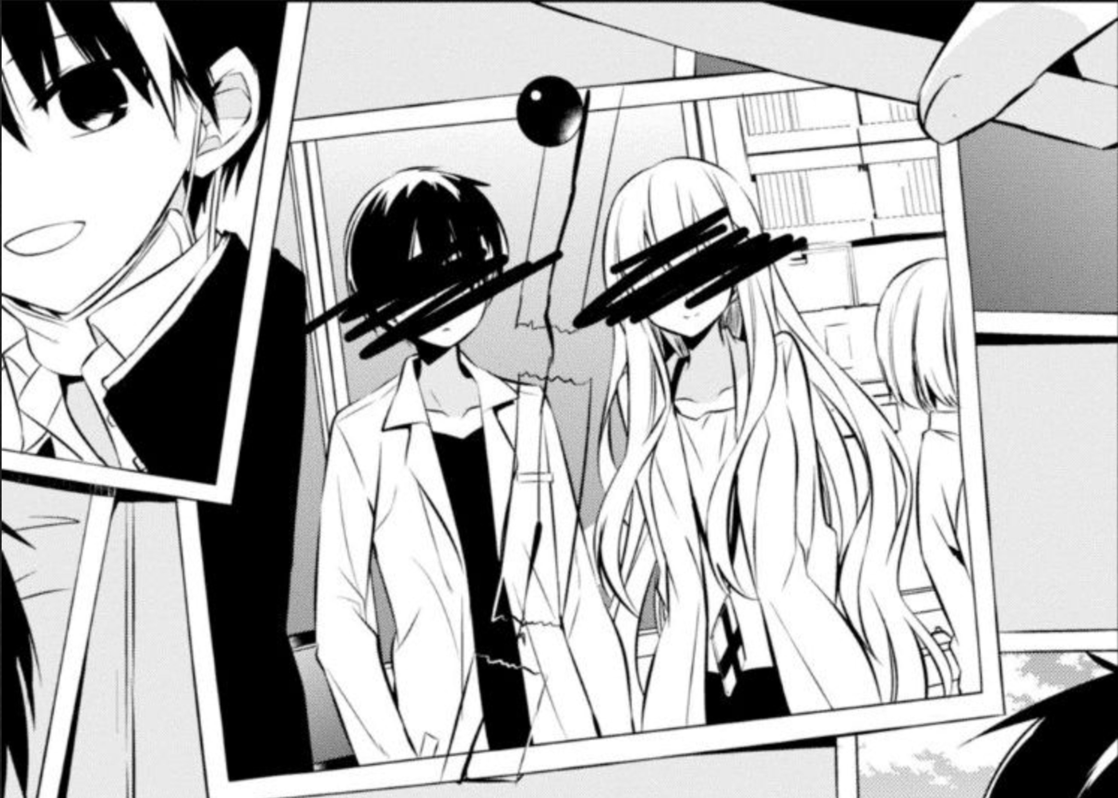 Two anime-style characters, a young man and woman, standing in a room together.