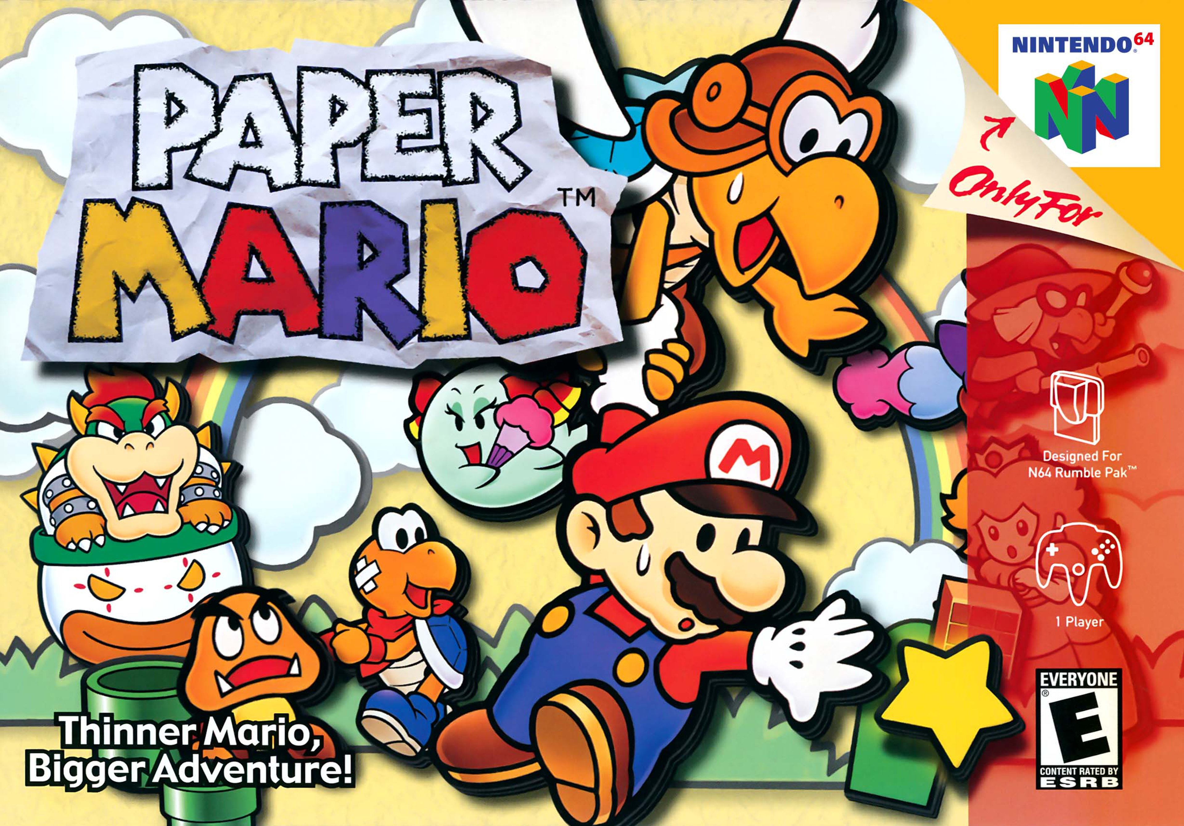 A cartoon character named Paper Mario, a plumber with a red hat, blue overalls, and a red shirt, with a paper-like, two-dimensional appearance.