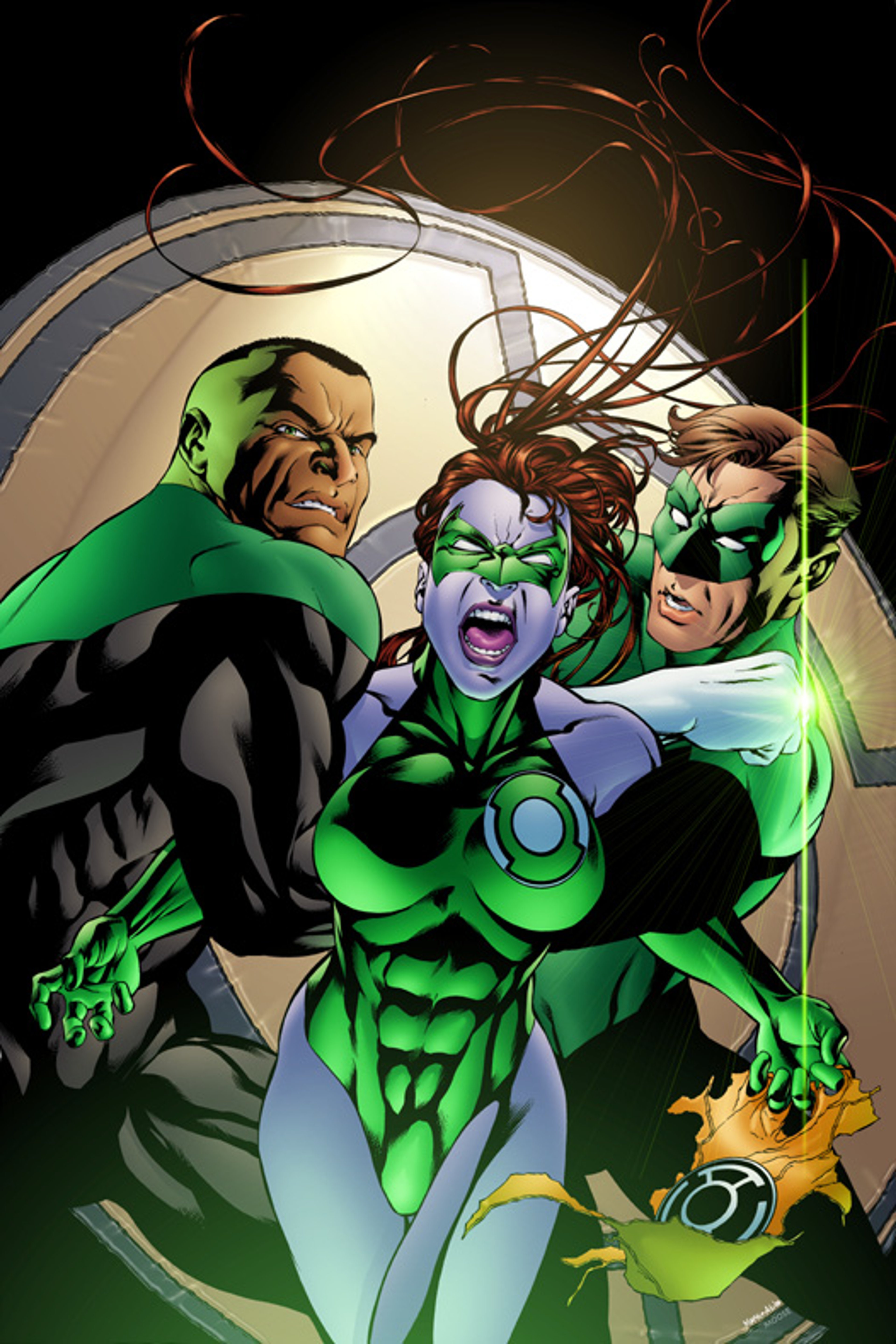 Three Green Lantern superheroes from the DC Comics universe, including the fierce alien warrior Laira Omoto.