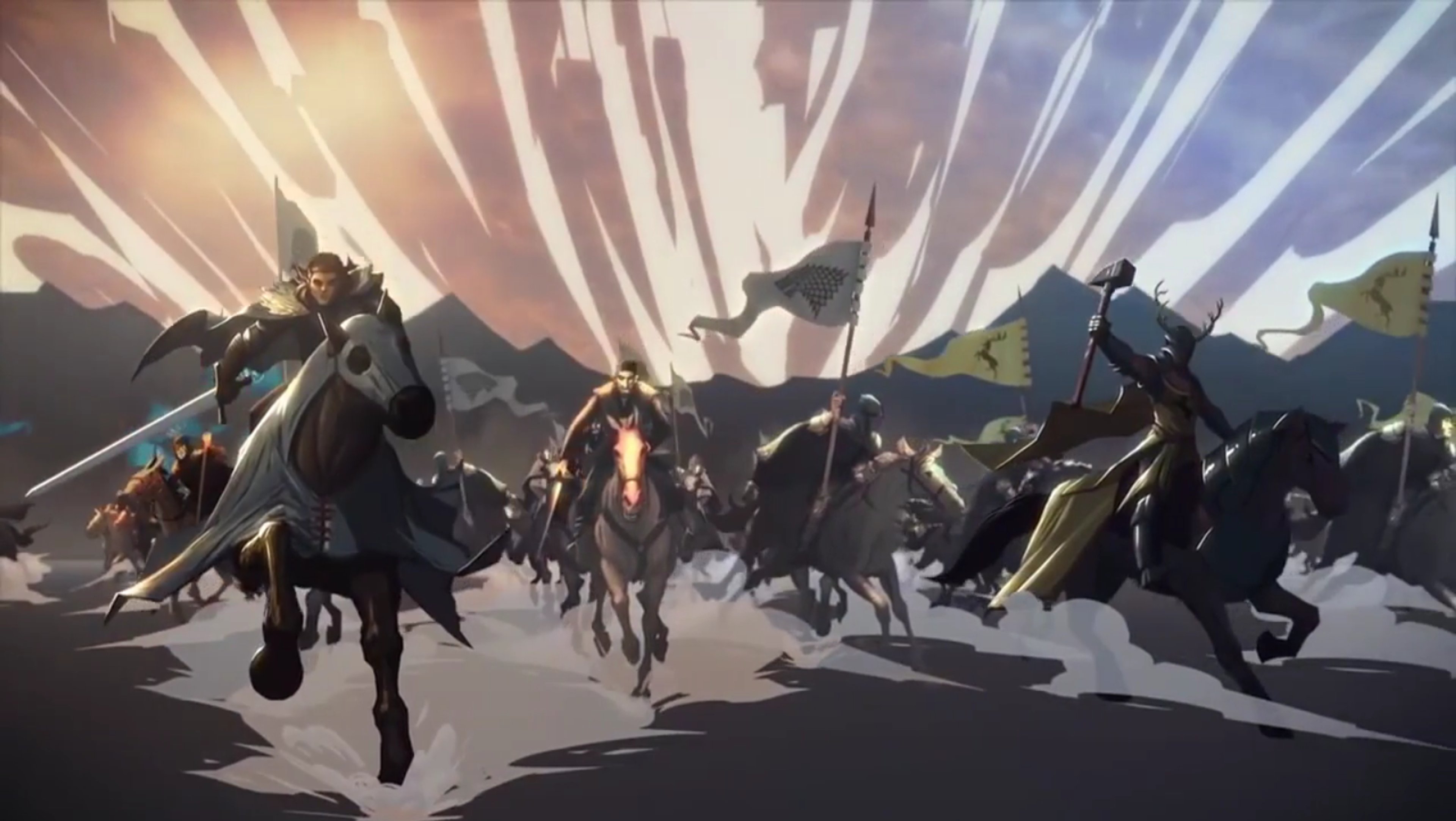 A group of heavily armored warriors on horseback, charging into battle with a central figure wielding a massive warhammer.