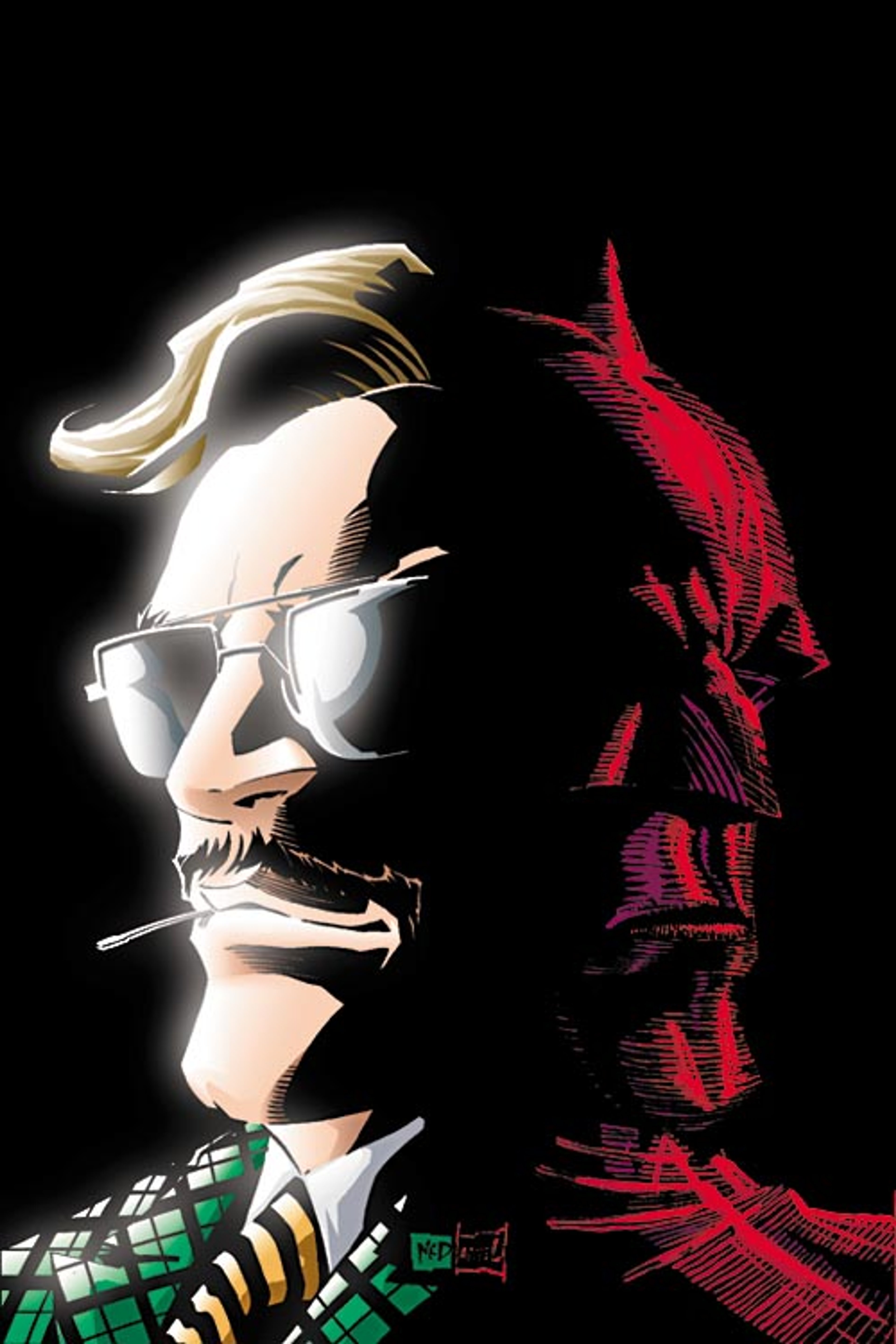 A character with a distinctive criminal look, wearing tinted glasses, a striped shirt, and a plaid suit, holding a matchstick.