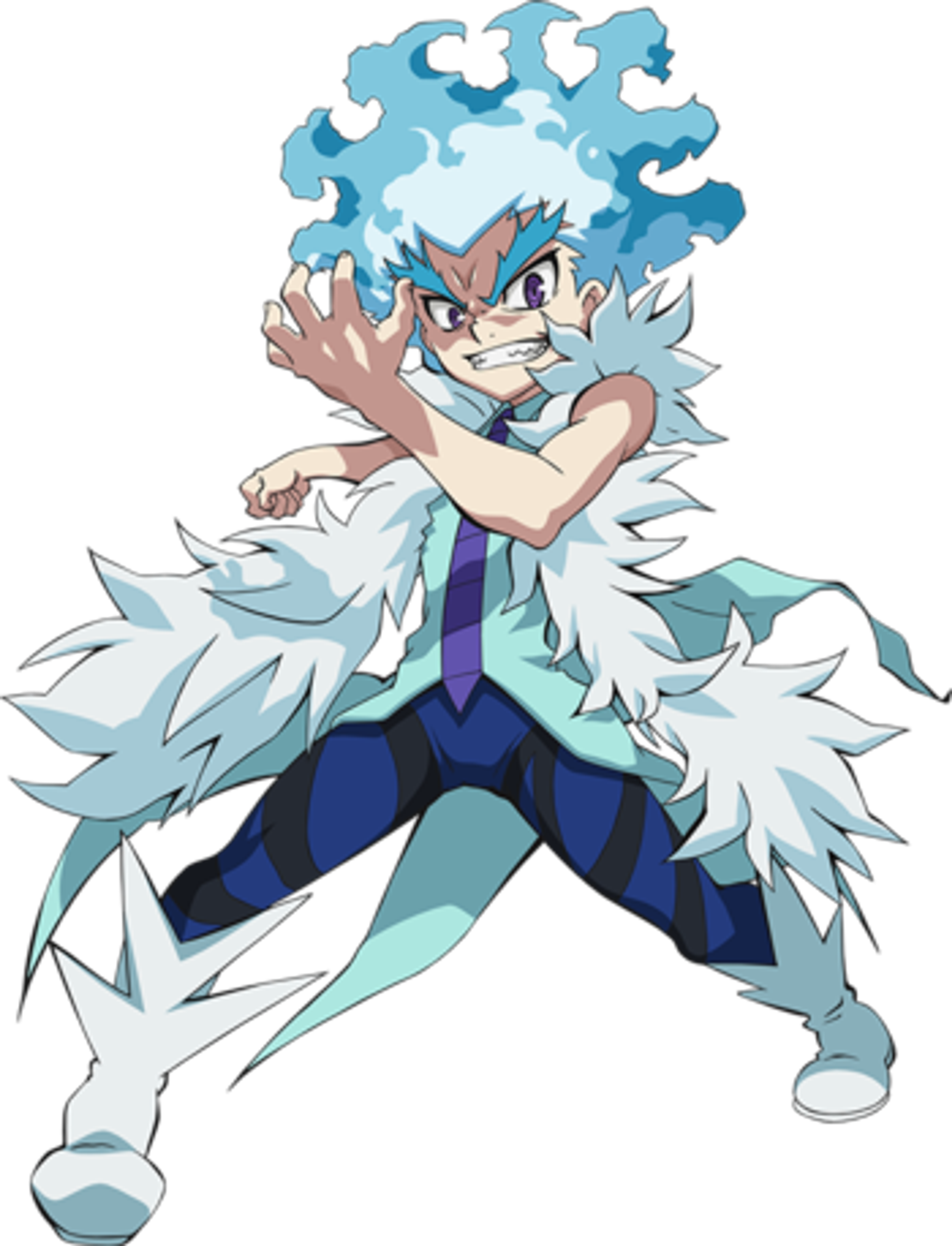 An anime-style character with light blue and white hair, violet eyes, and sharp teeth in a fighting pose.