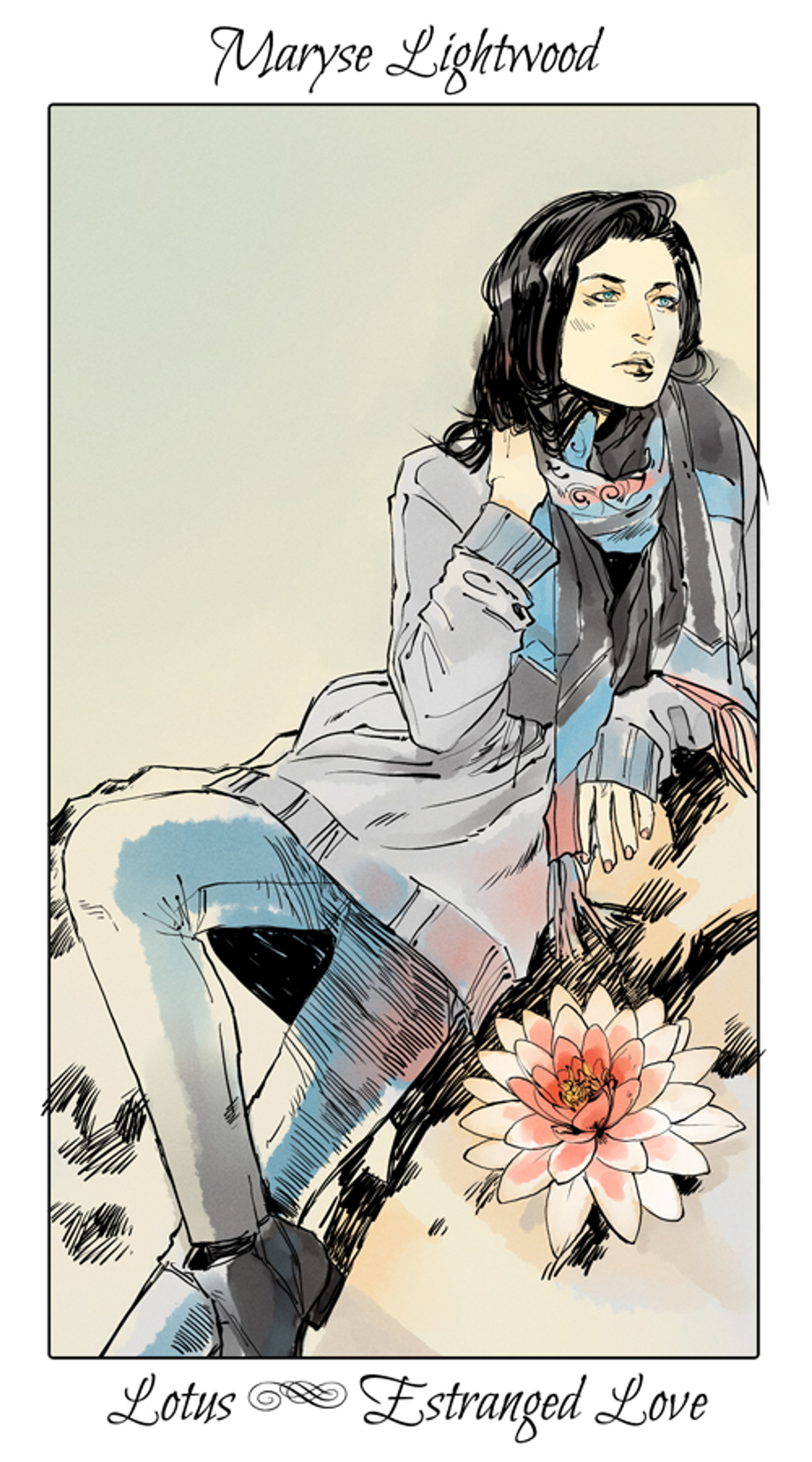 An illustrated portrait of a woman with dark hair wearing a gray coat and scarf, sitting on a rock or ledge surrounded by flowers.