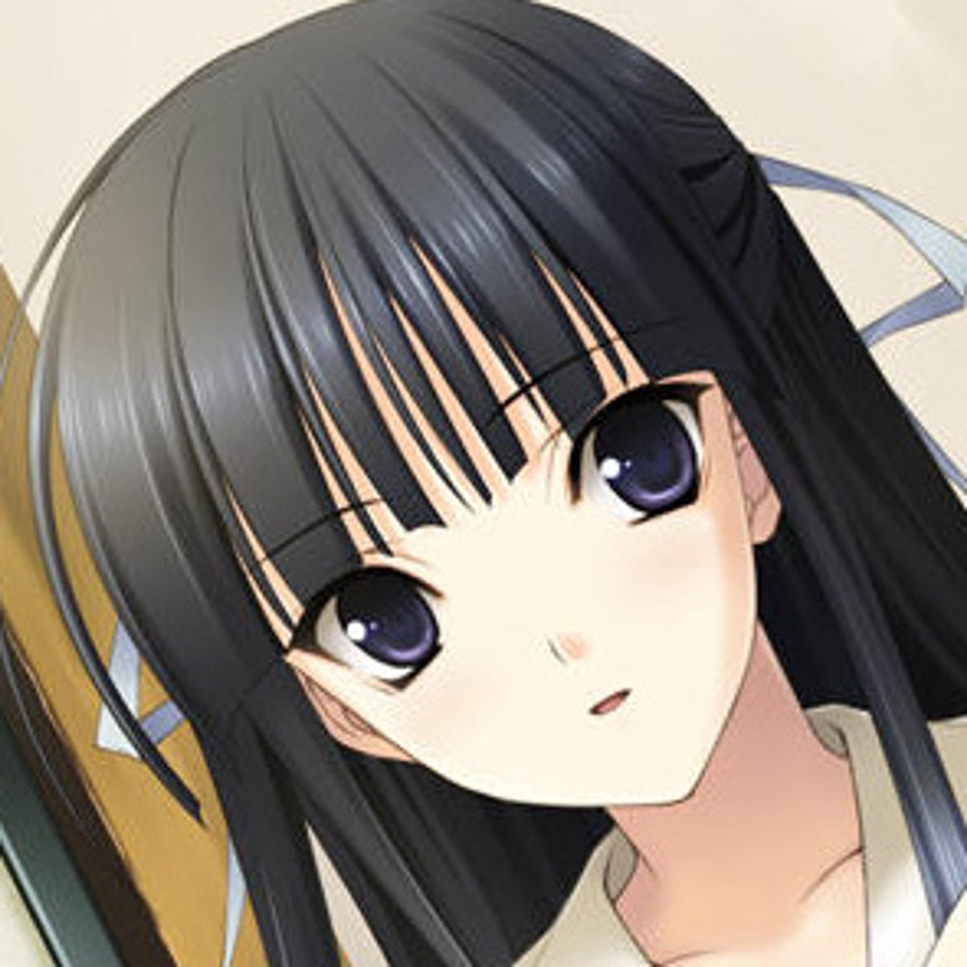 An anime-style character with long black hair and a refined, modest appearance