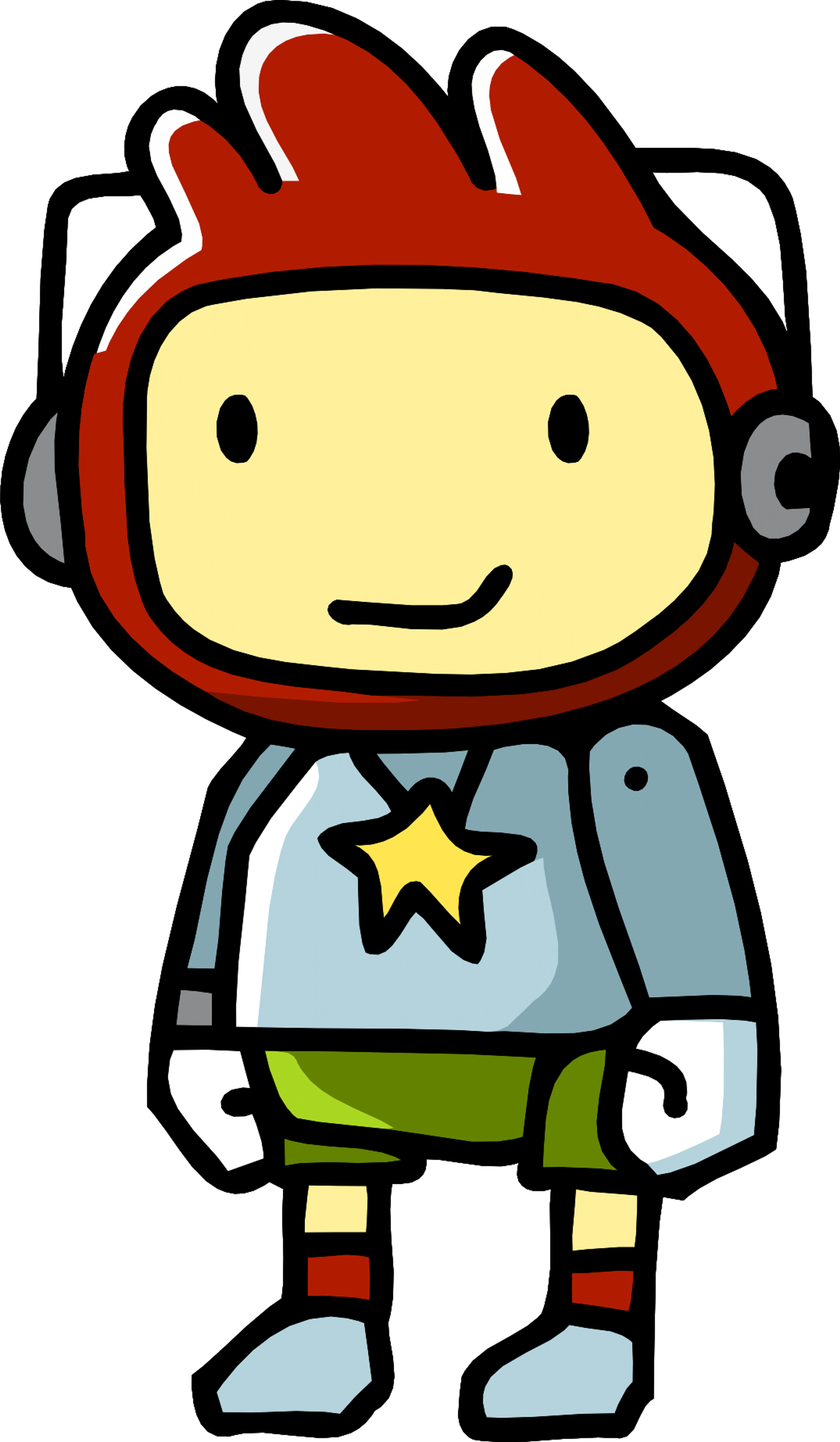 A cartoon character named Maxwell wearing a rooster helmet, headphones, and colorful clothing