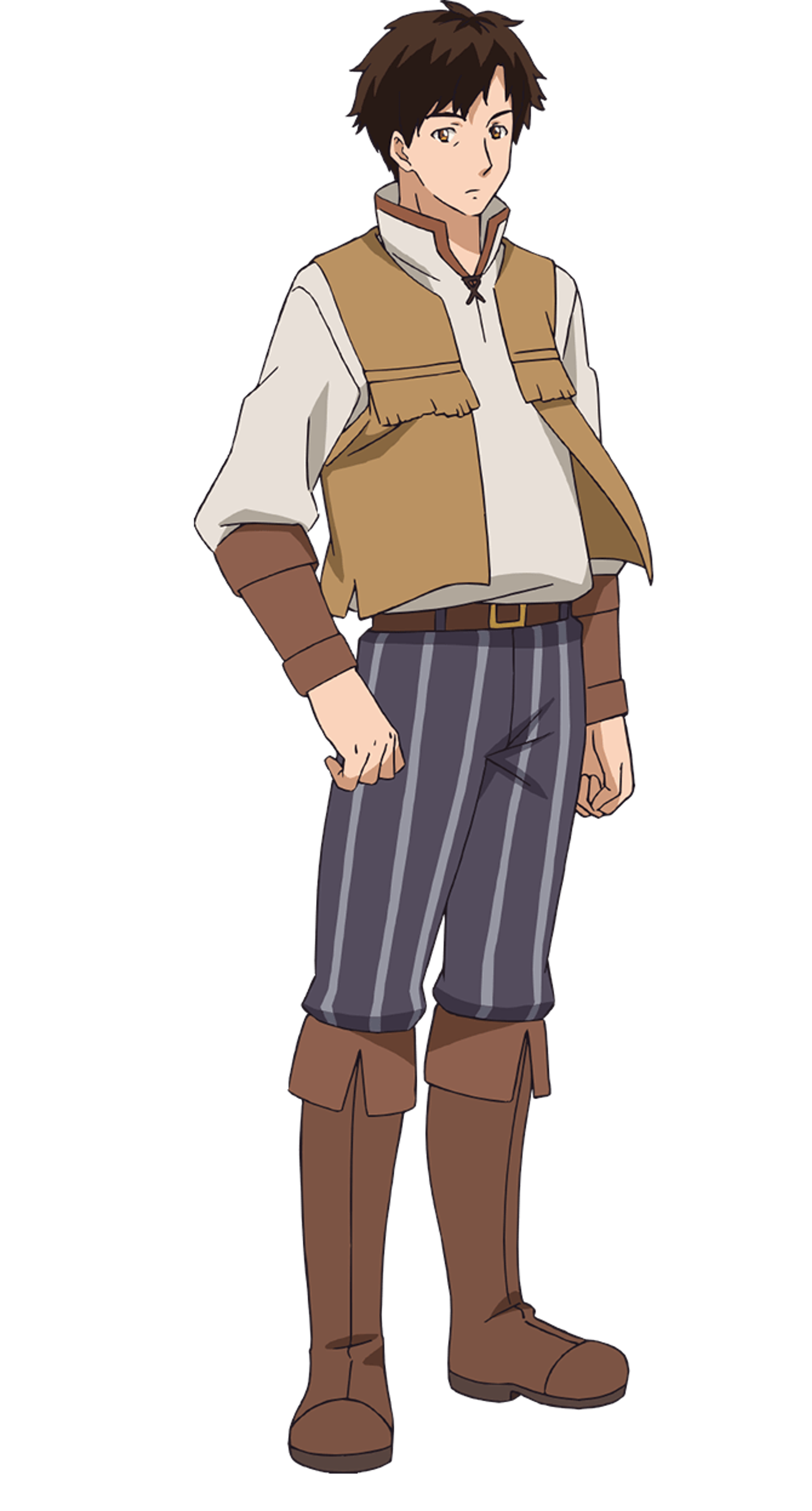 A young man with short dark hair wearing a tan vest and gray pants, with a friendly expression on his face.