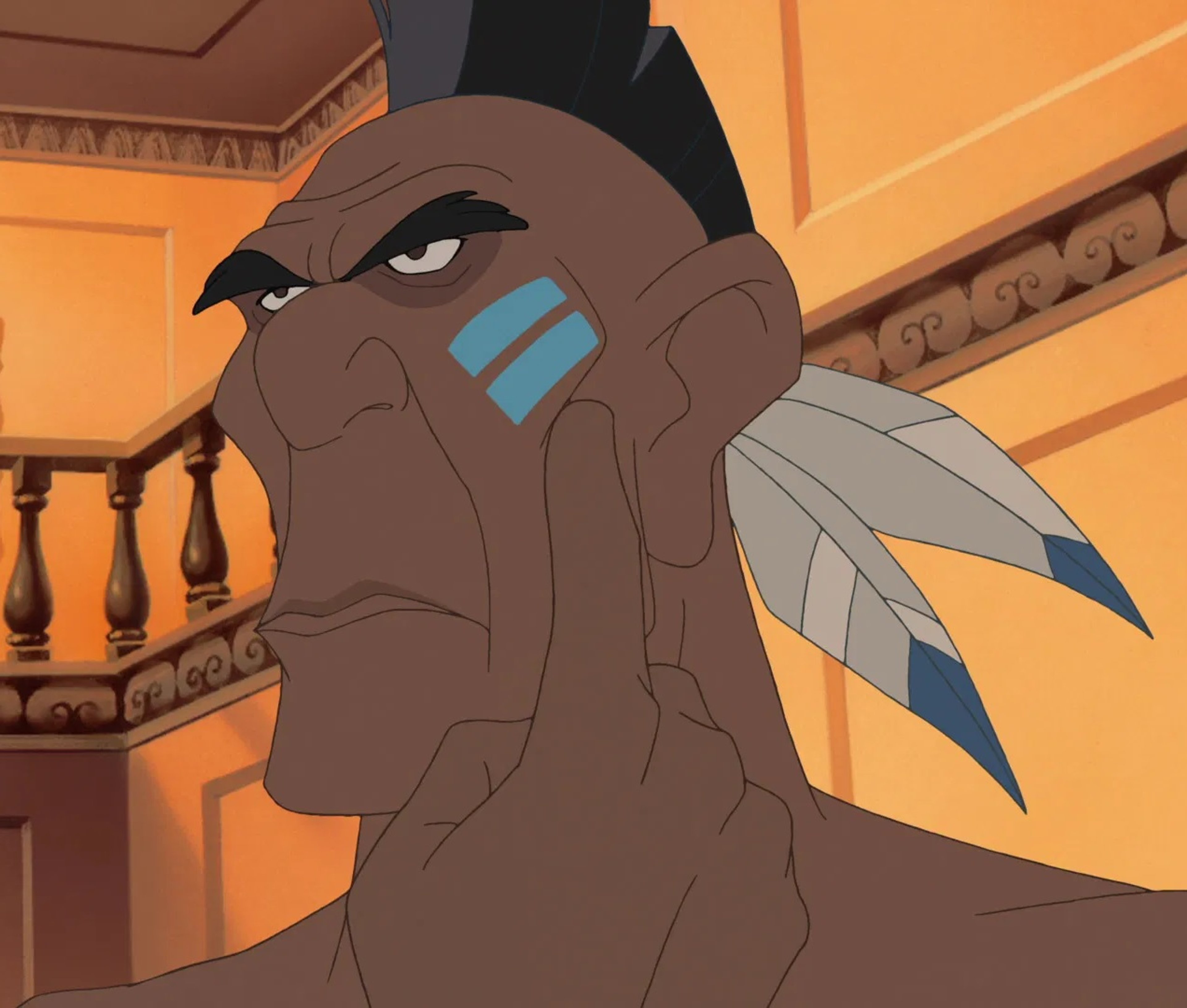A large, imposing Native American man with a stern expression, wearing traditional clothing and appearing in a defensive stance.