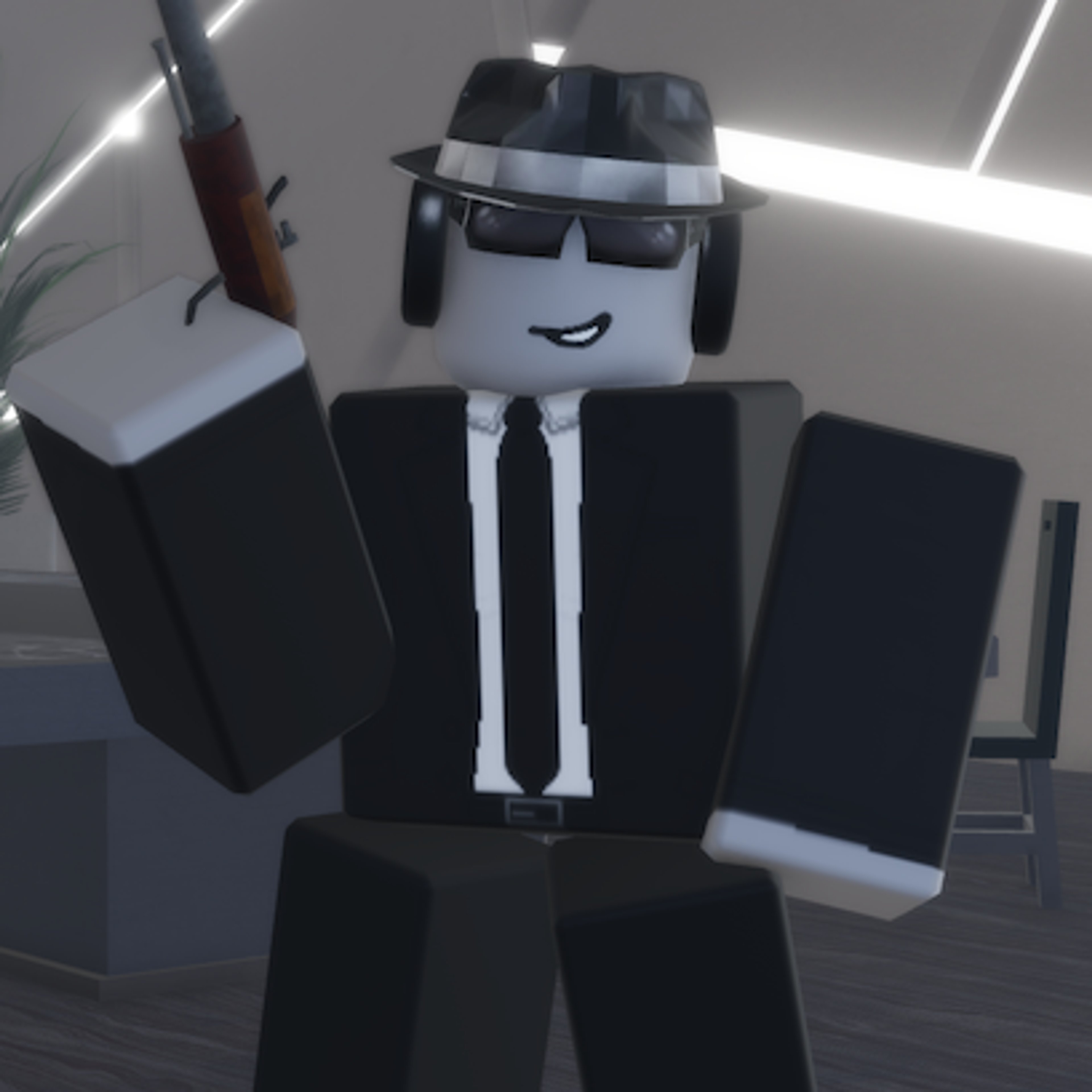 A Roblox character wearing a black fedora, sunglasses, headphones, and a tuxedo, holding a flintlock pistol.