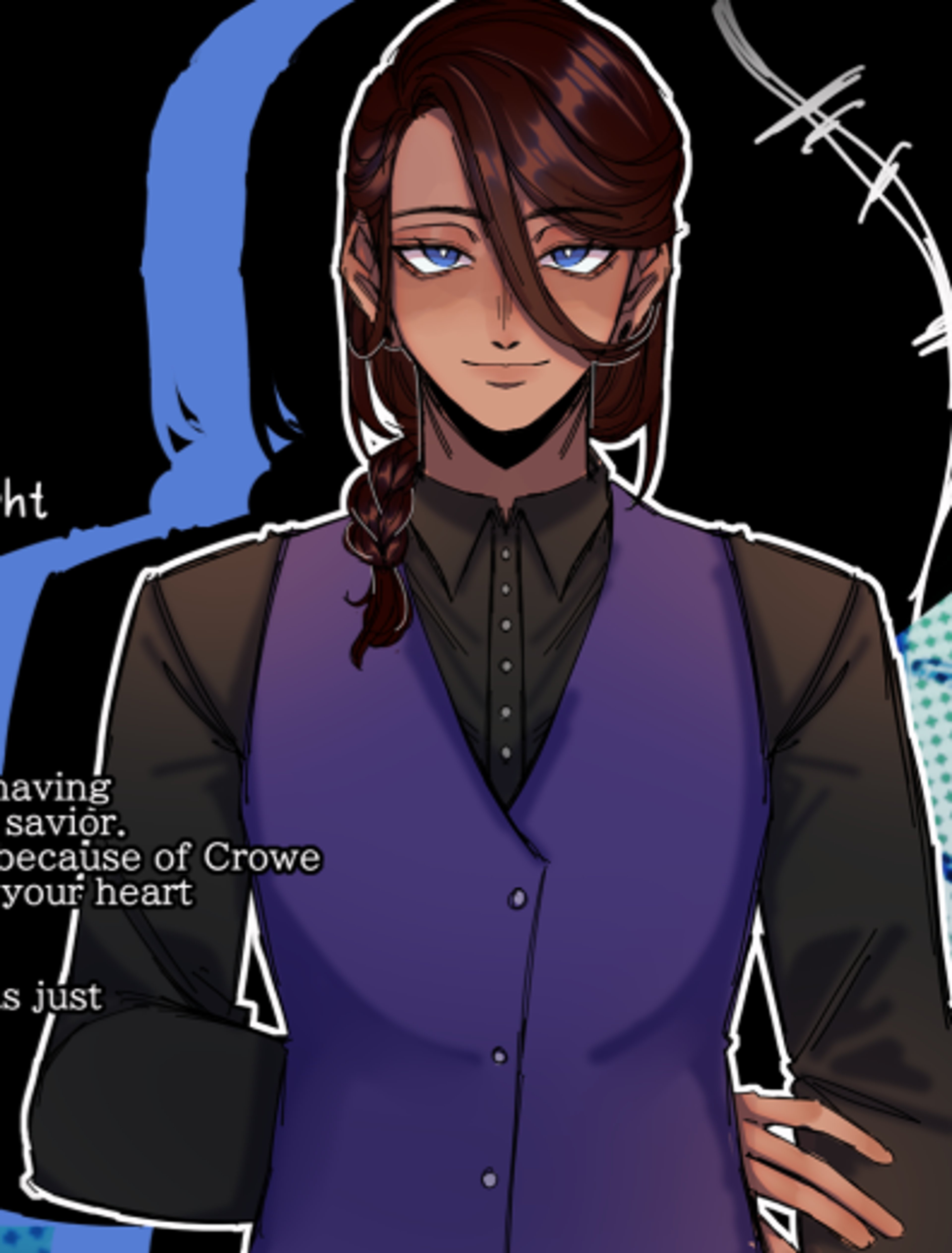 A young man with dark hair in a braid, wearing a purple shirt and looking serious