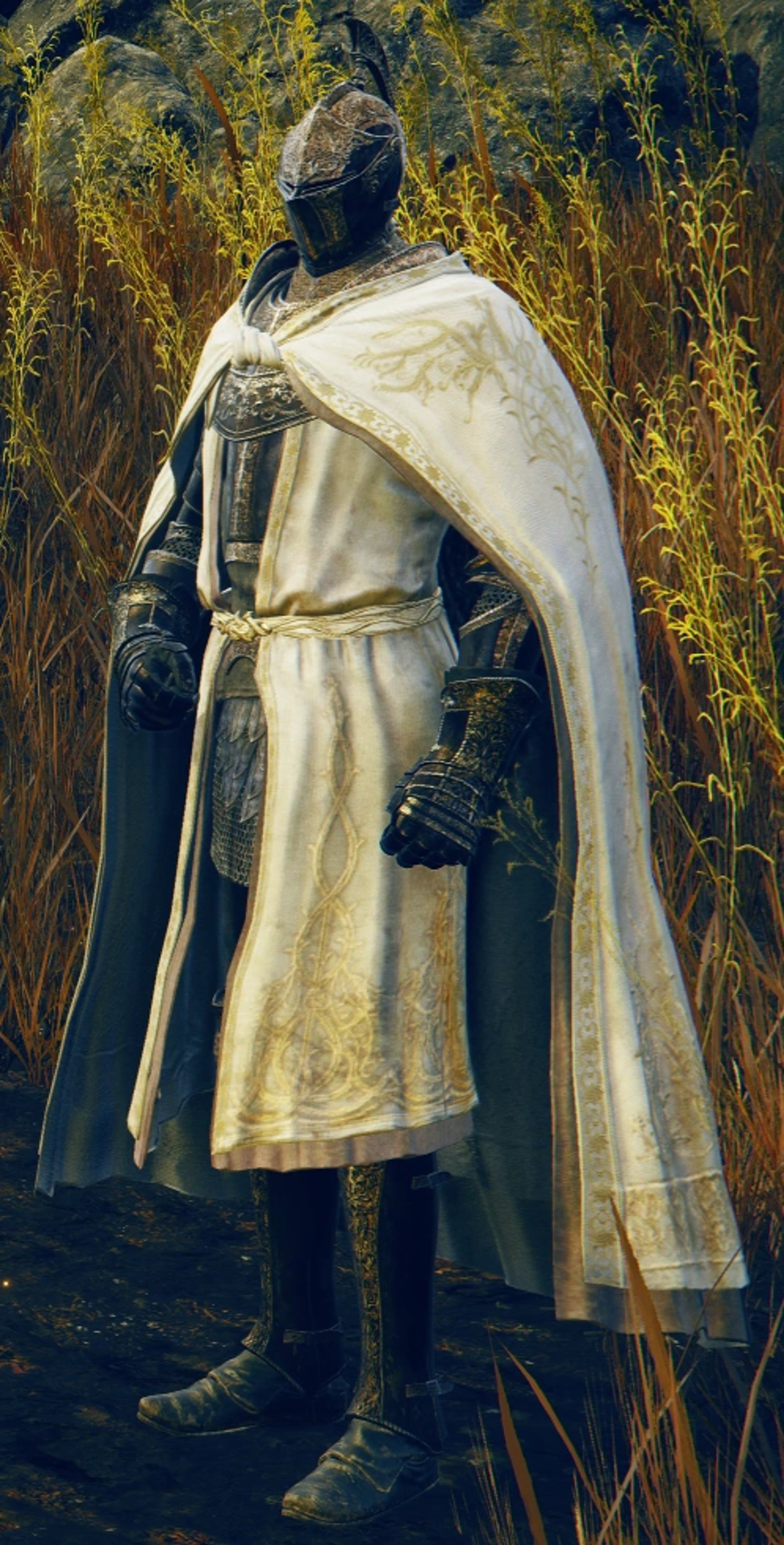 A knight in ornate white and black armor standing in a field of tall grass, holding a unique sword.