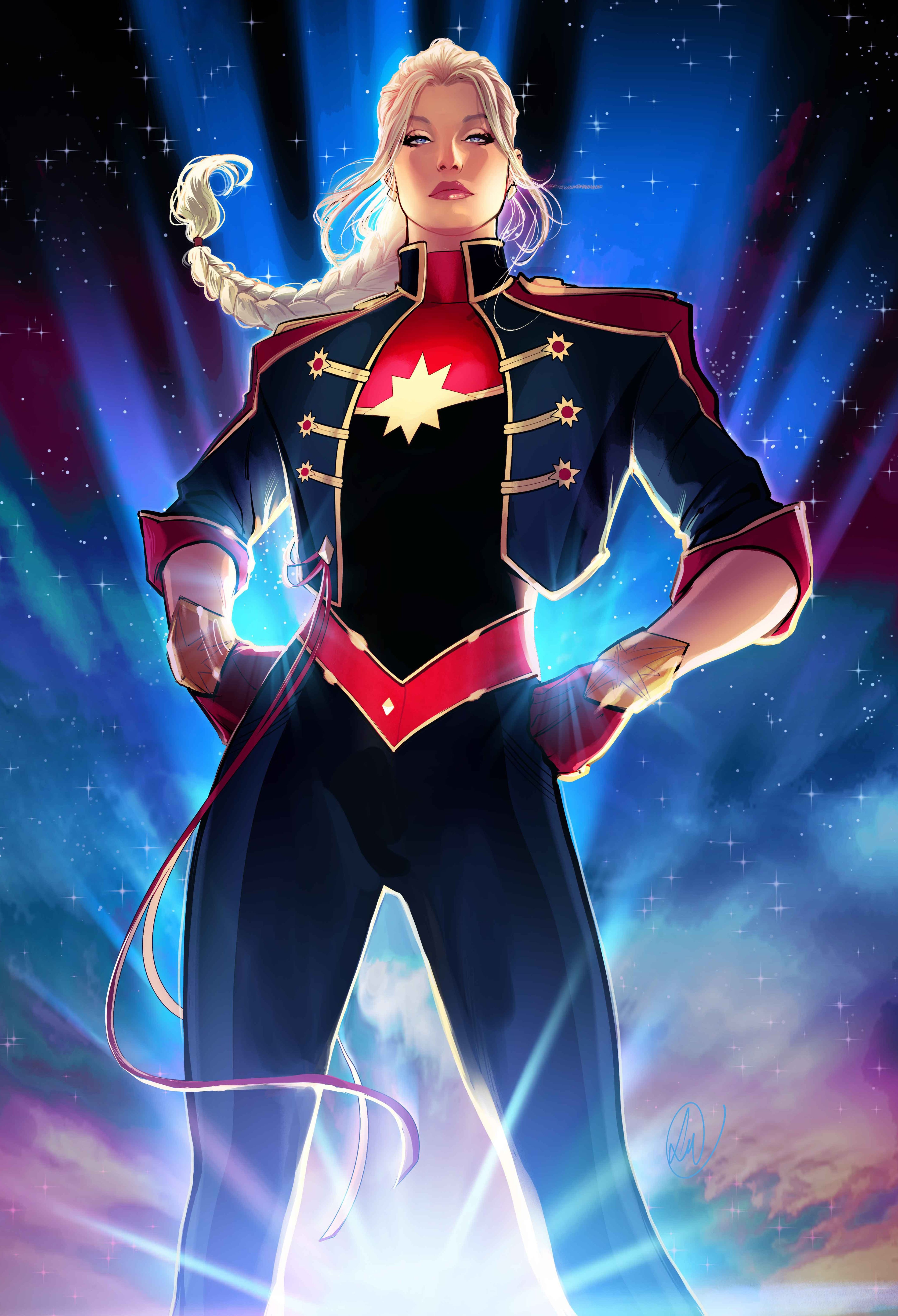 A female superhero character in a red, blue, and gold costume with a star symbol on her chest, standing in a heroic pose.