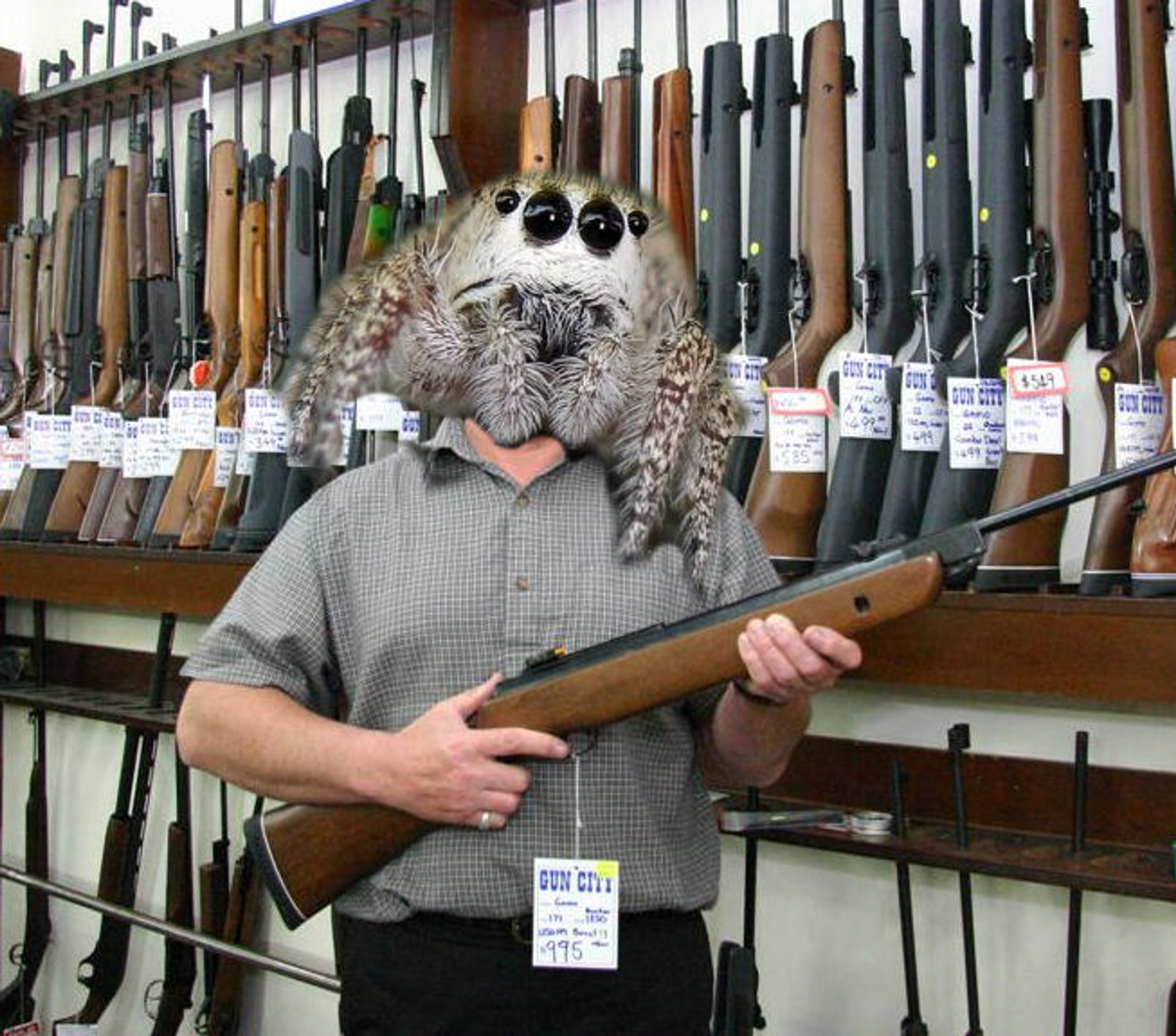 A man holding a rifle in a gun shop setting