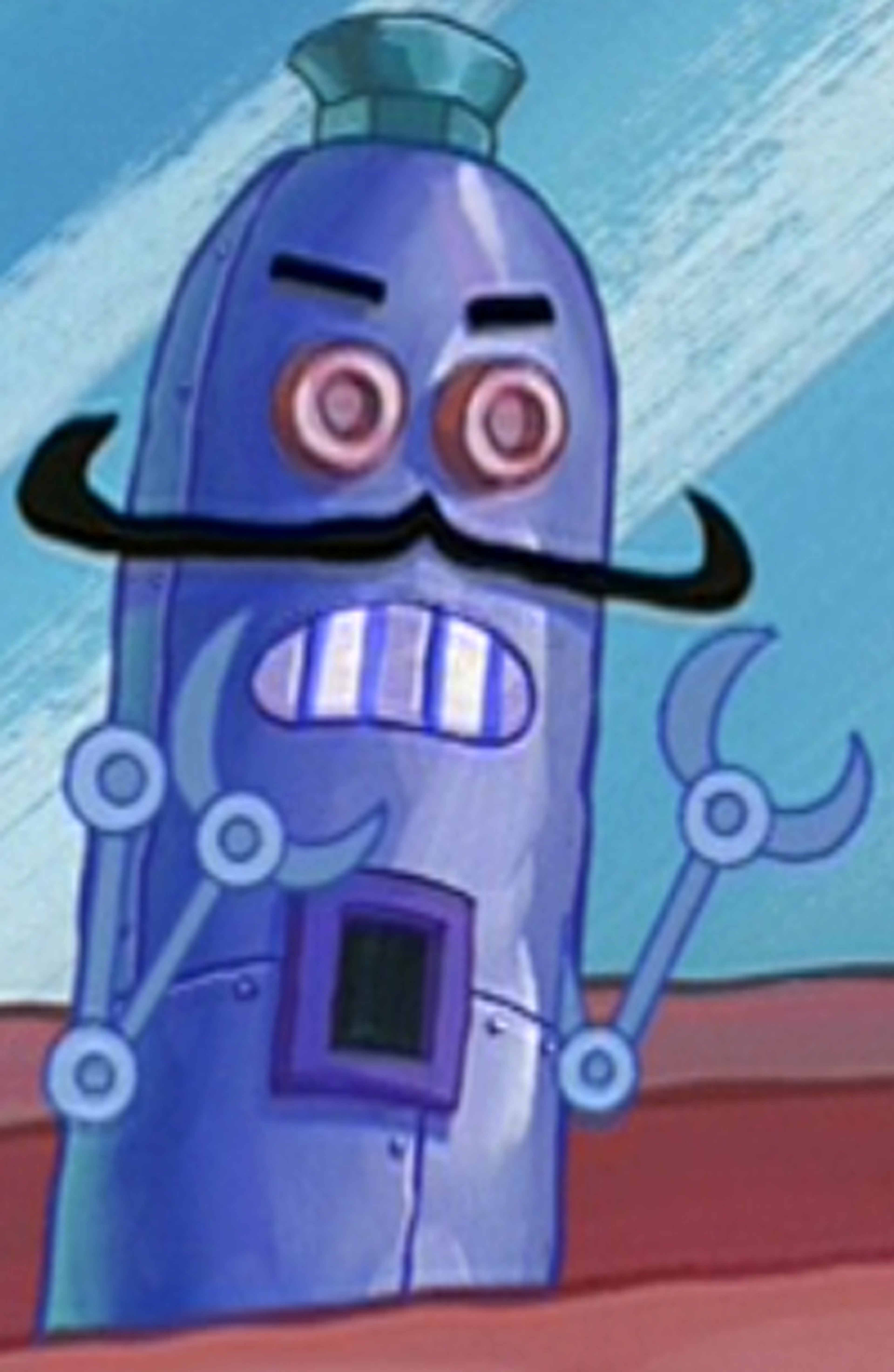 An anthropomorphic robotic character resembling a hot dog with a mustache and eyebrows