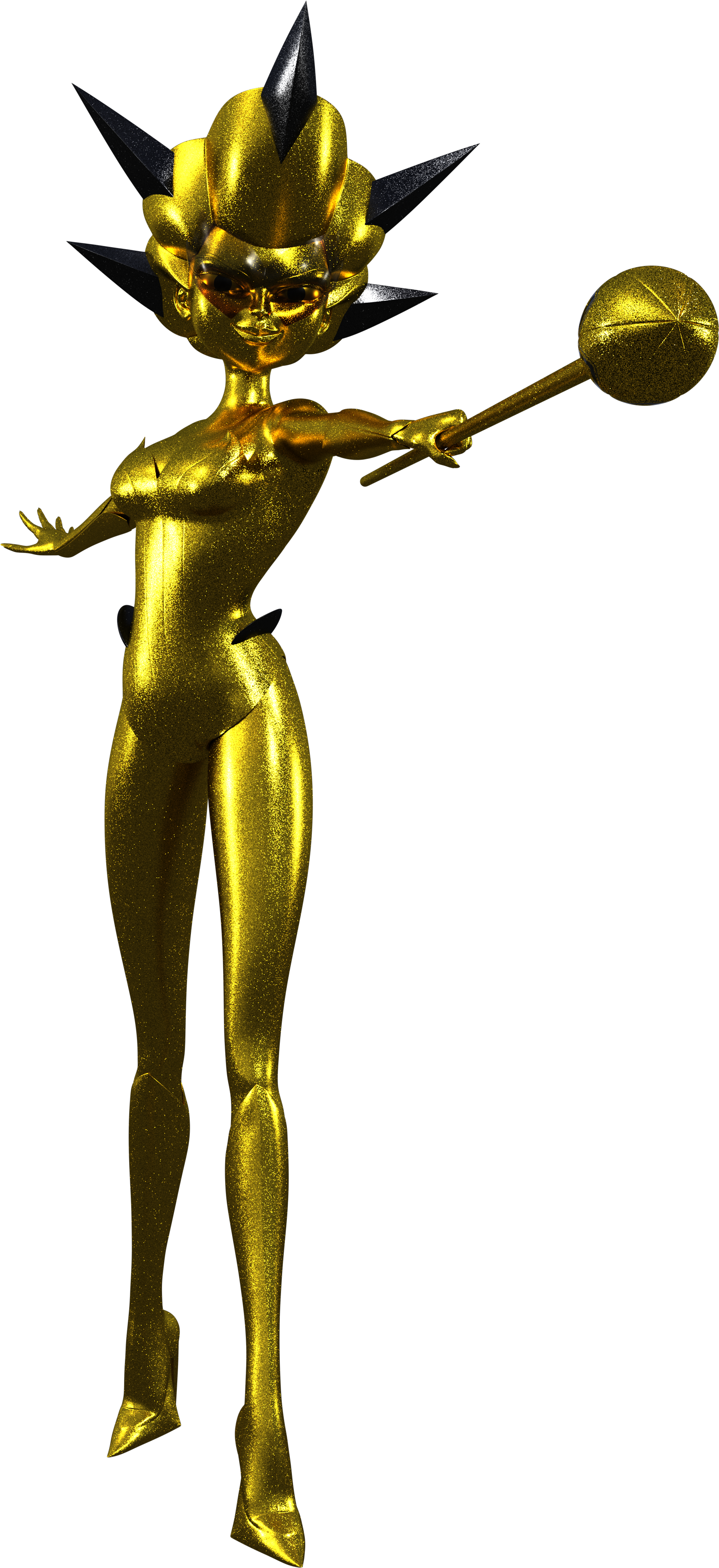 A golden, glittering female figure with an elaborate headdress and scepter
