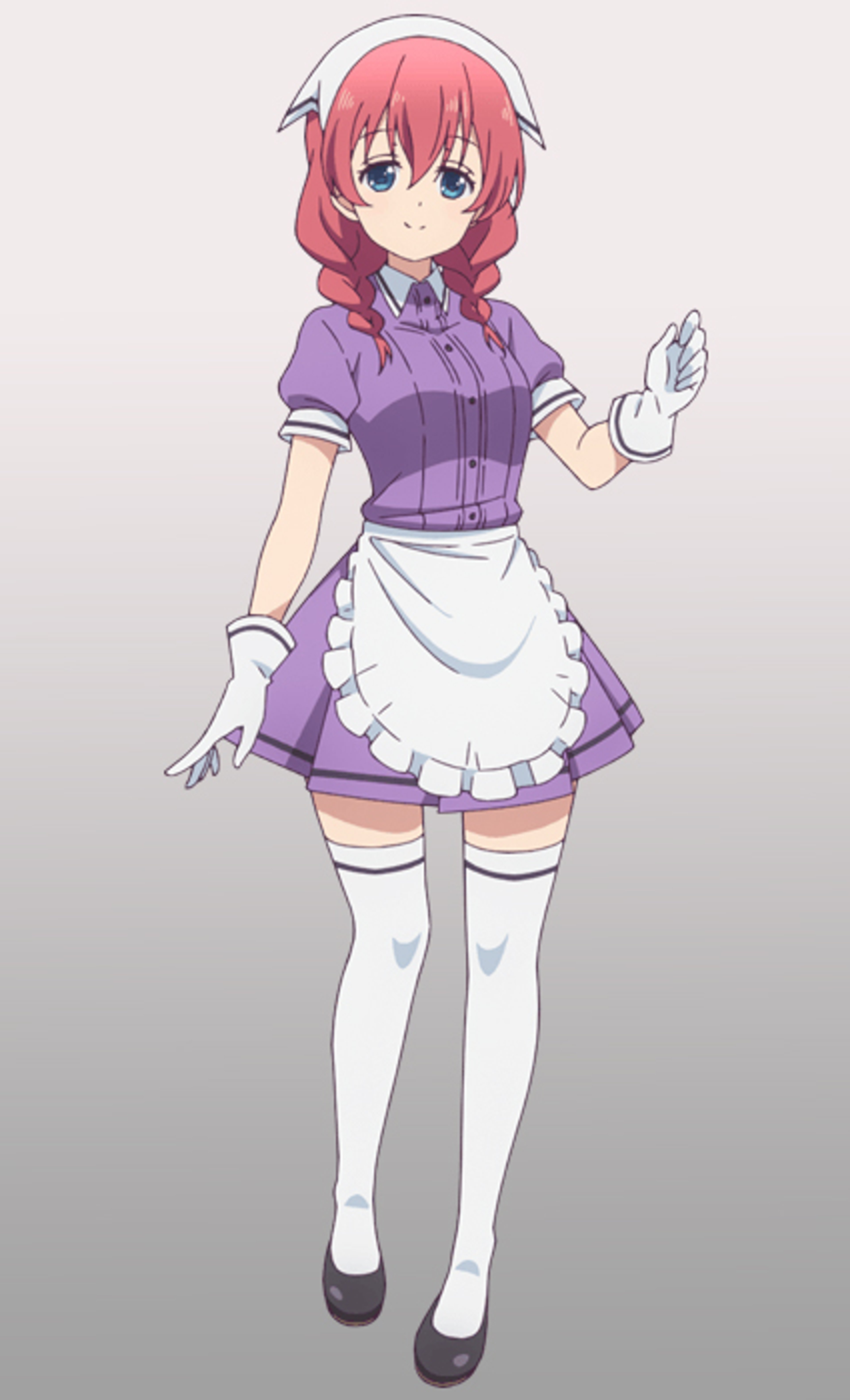 A young woman with pink hair in pigtails wearing a purple blouse and white apron