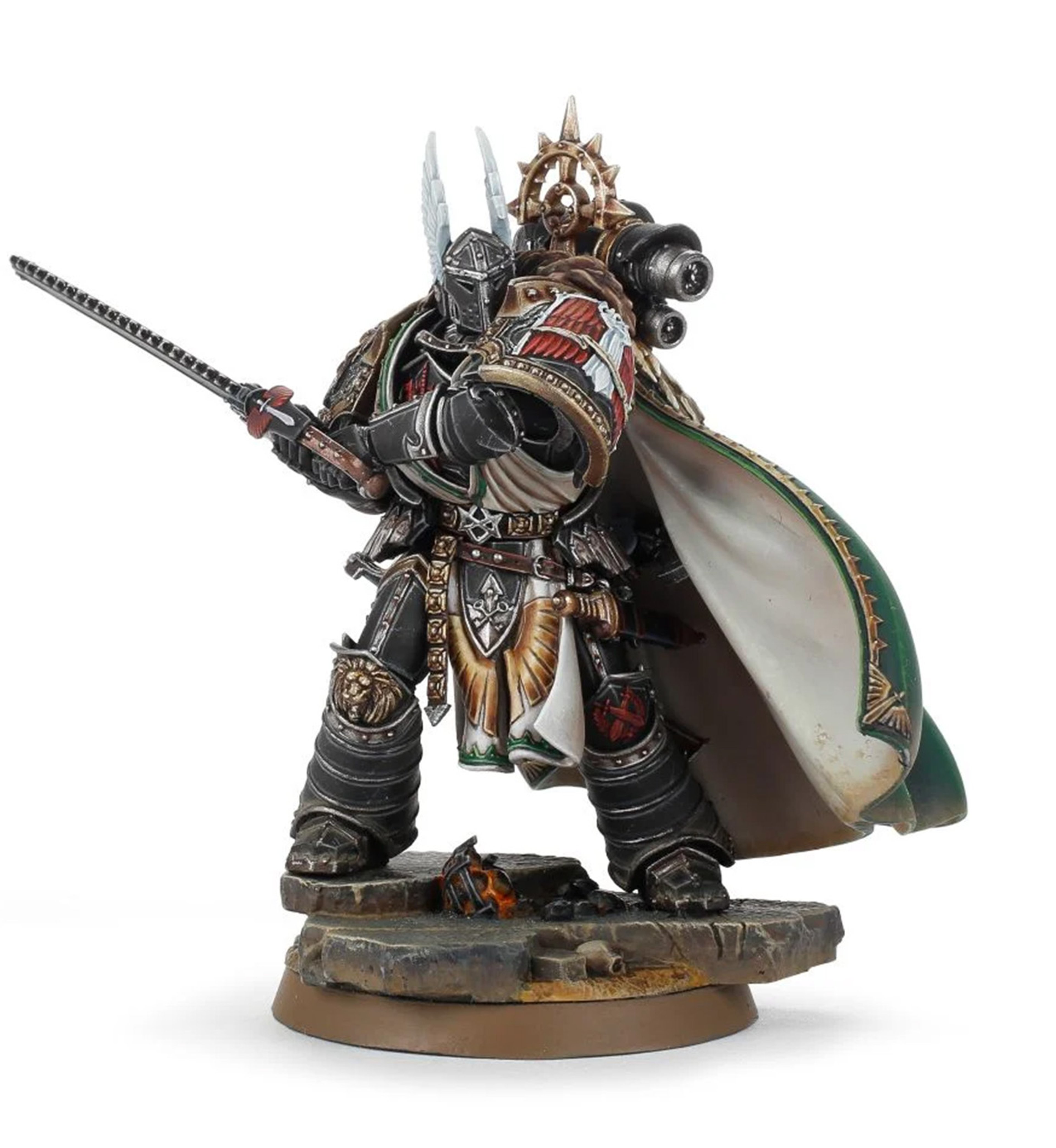 A heavily armored and ornate figure from the Warhammer 40,000 universe, likely a primarch or other high-ranking character.