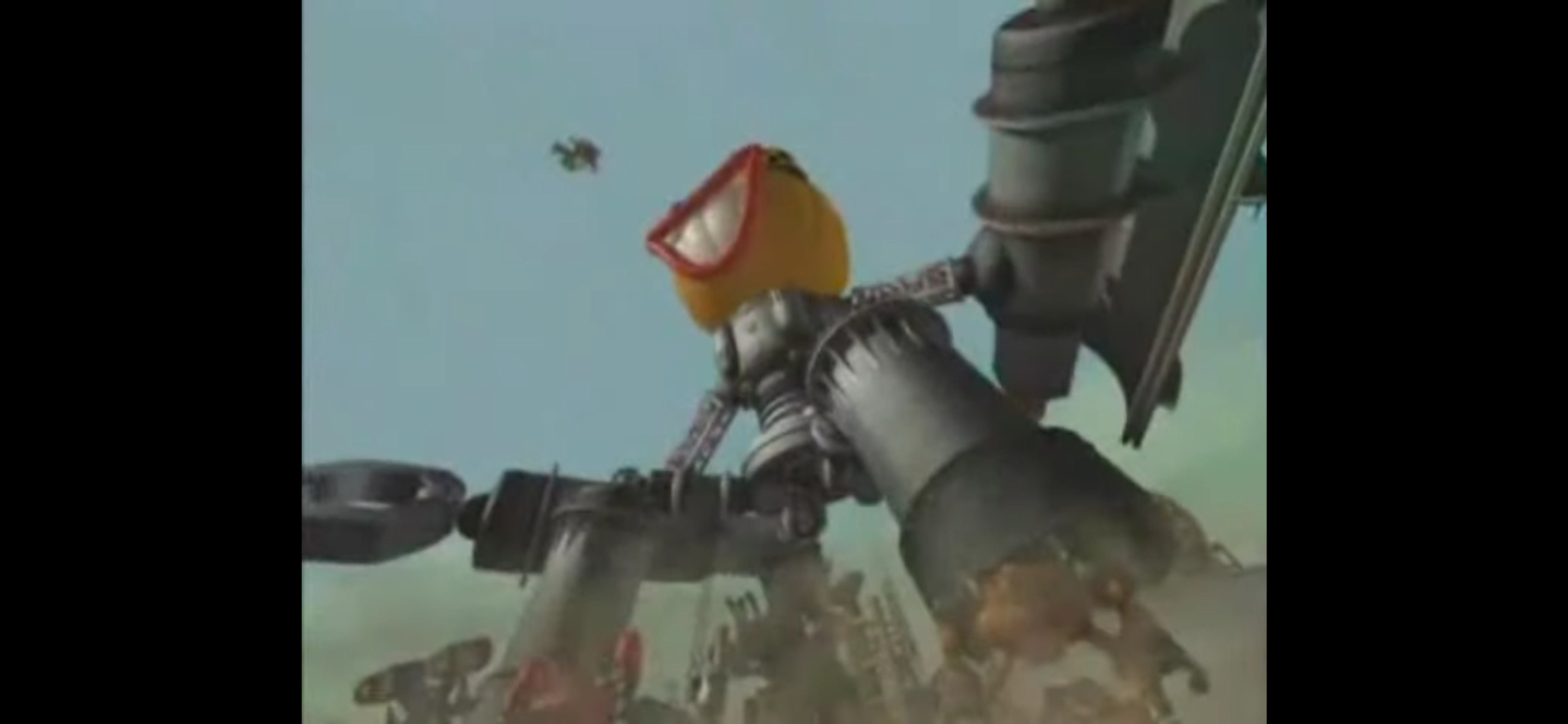 A massive, transforming robot with an angular, menacing design and an inflatable orange head