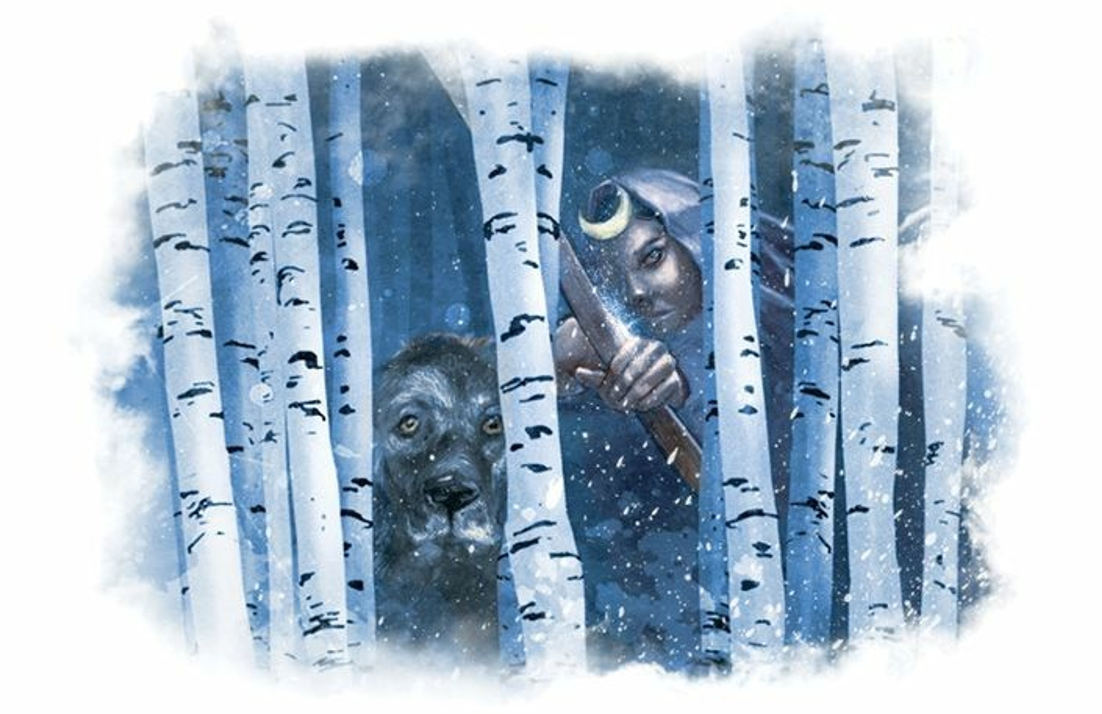 Illustration of the Greek goddess Artemis standing in a snowy forest, holding a silver bow and arrow.