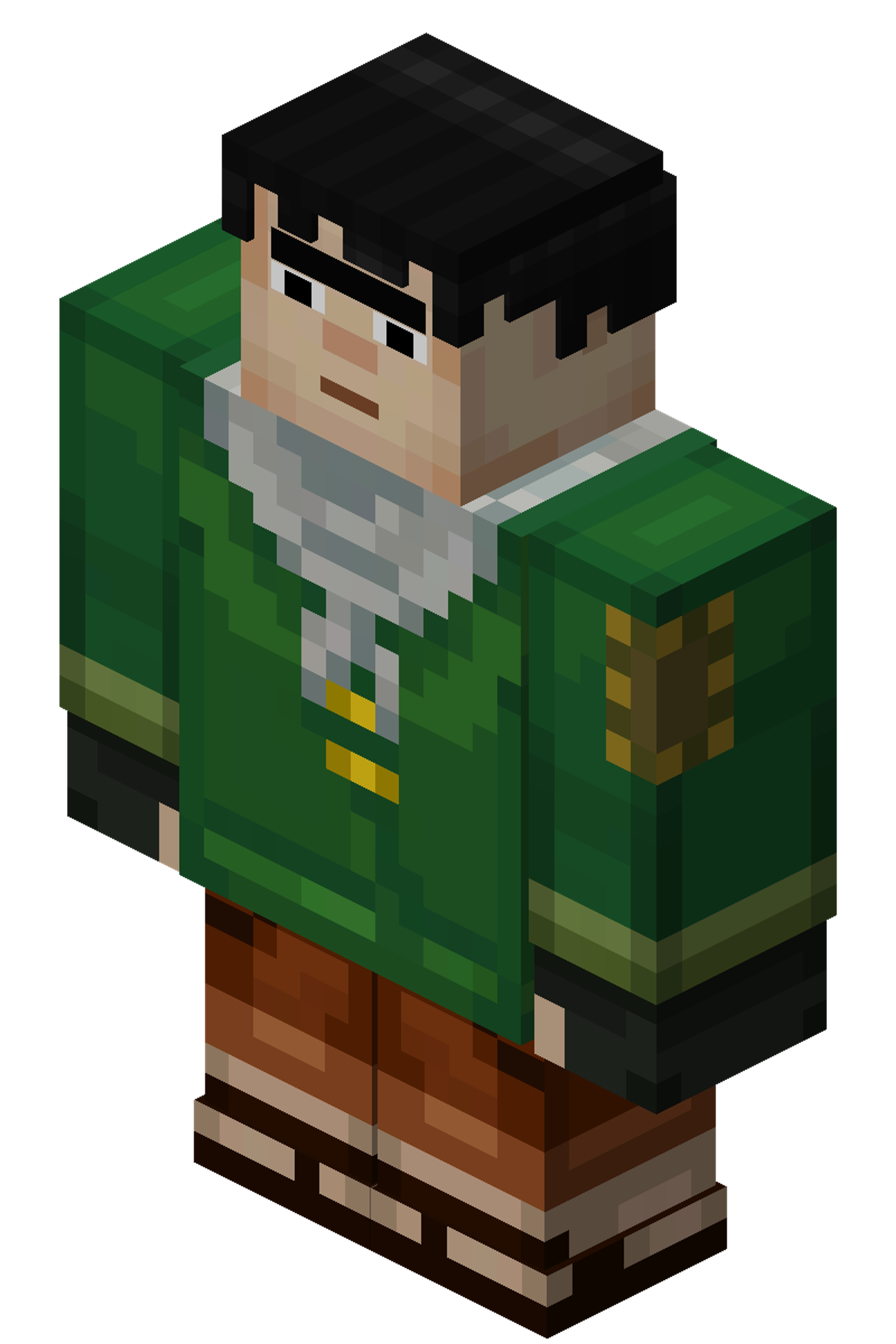 A pixelated character with spiky brown hair wearing a green hoodie