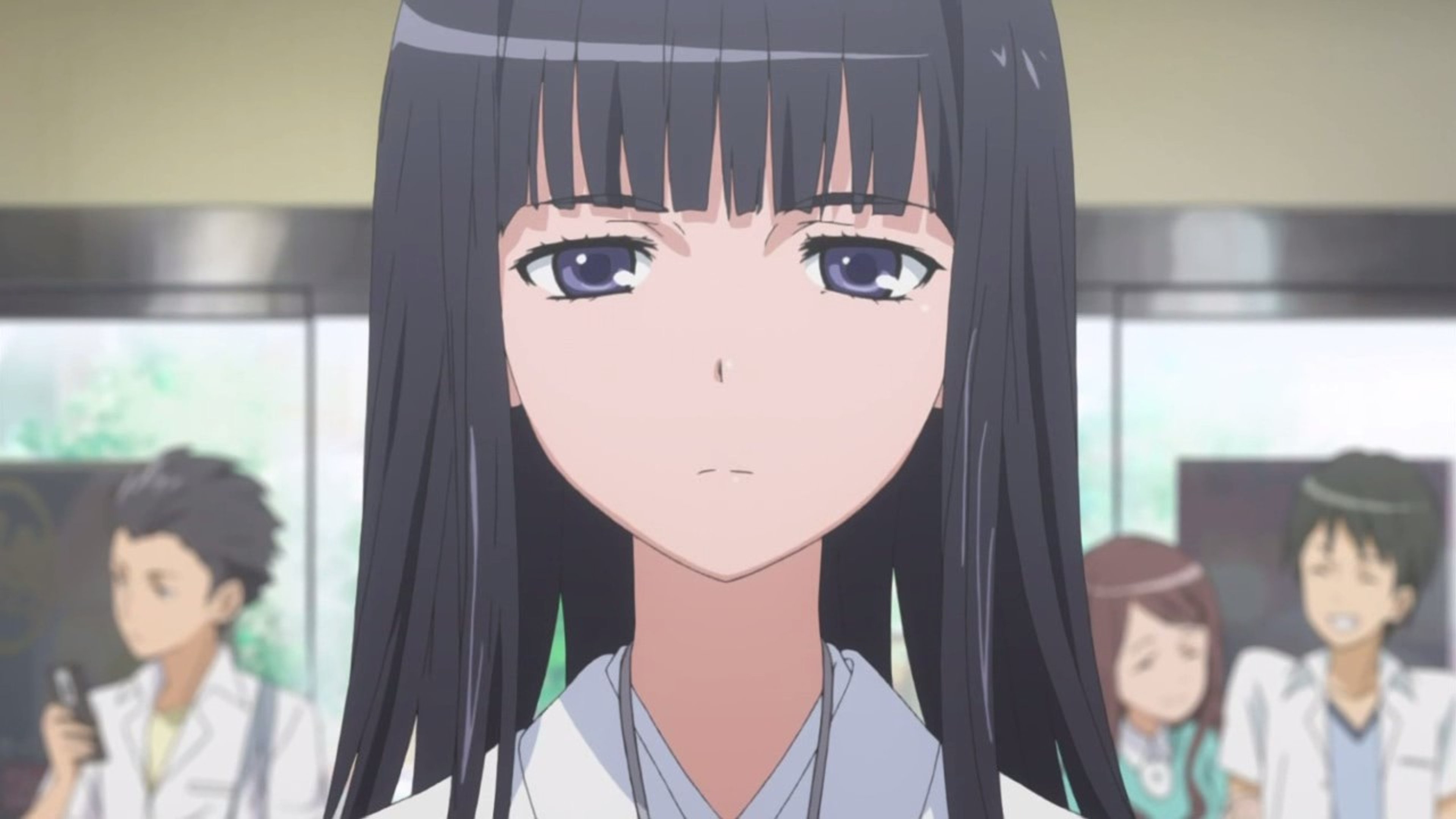 An anime-style girl in a school uniform with a serious expression