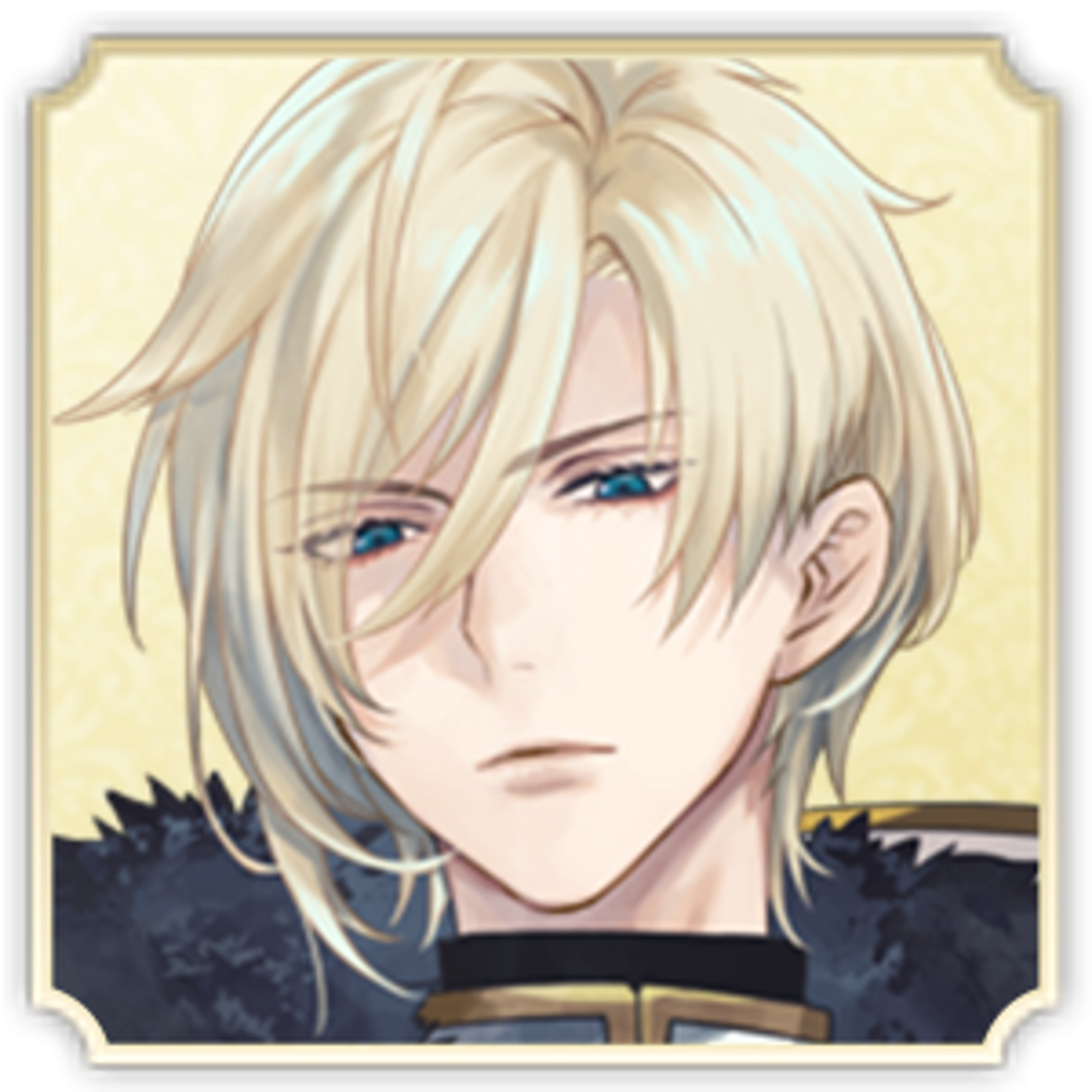 A serious-looking young man with blonde hair and blue eyes wearing a dark military uniform